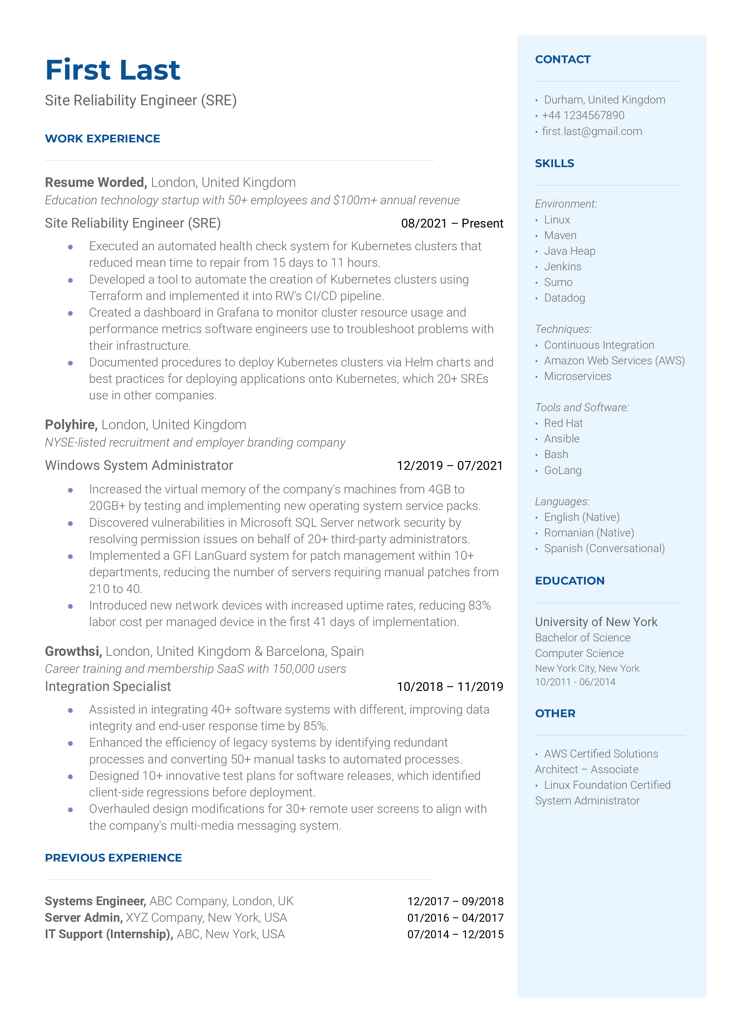 A site reliability engineer (SRE) resume template focused on hard skills. 