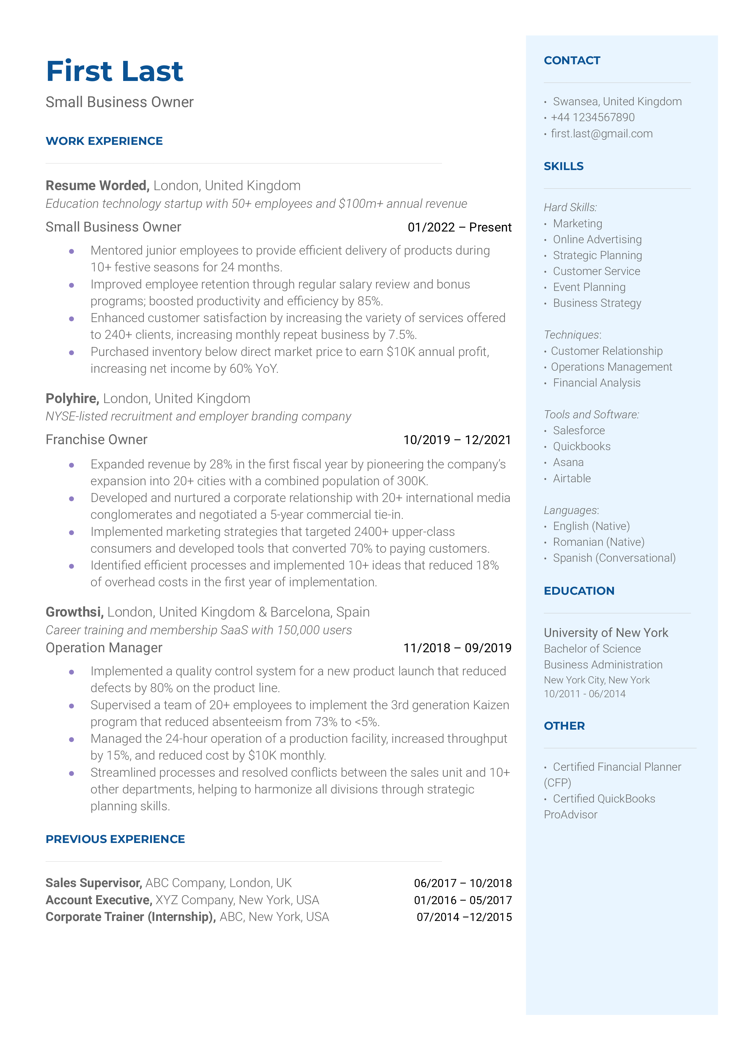 A small business owner resume template including additional work experience.