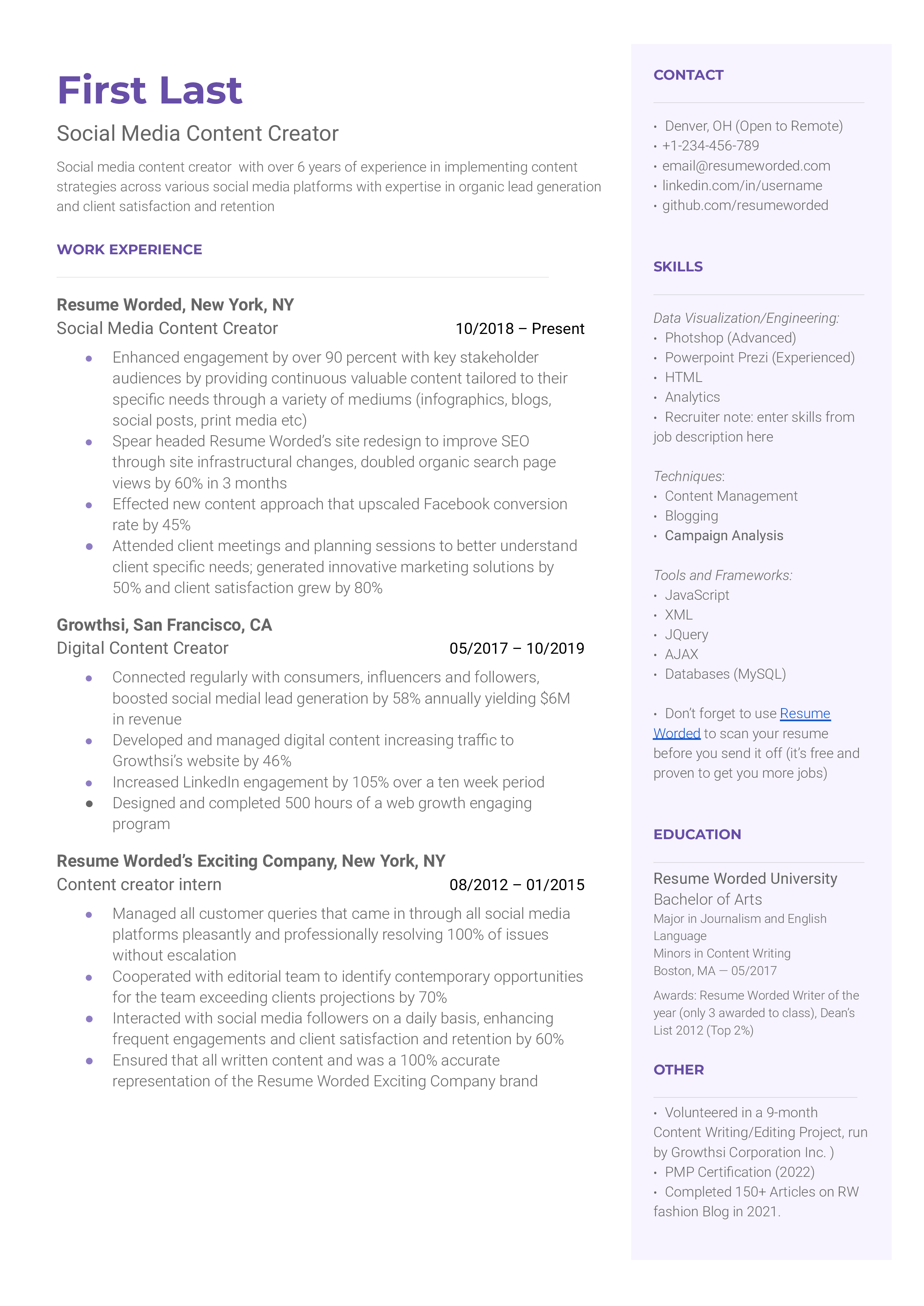 A CV screenshot illustrating key skills, creative campaigns, and data-driven results for a Social Media Content Creator role.