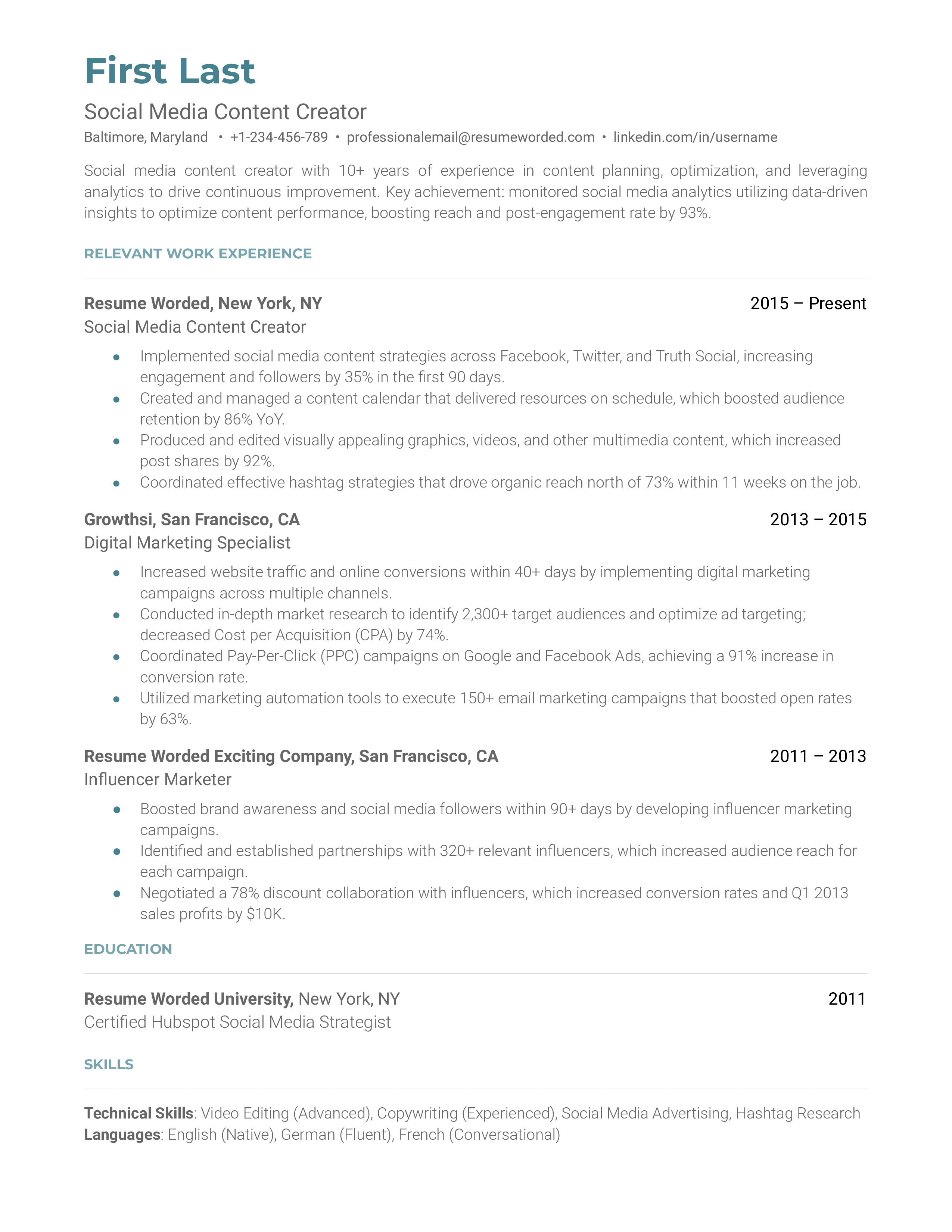 Screenshot of an engaging resume for a Social Media Content Creator.
