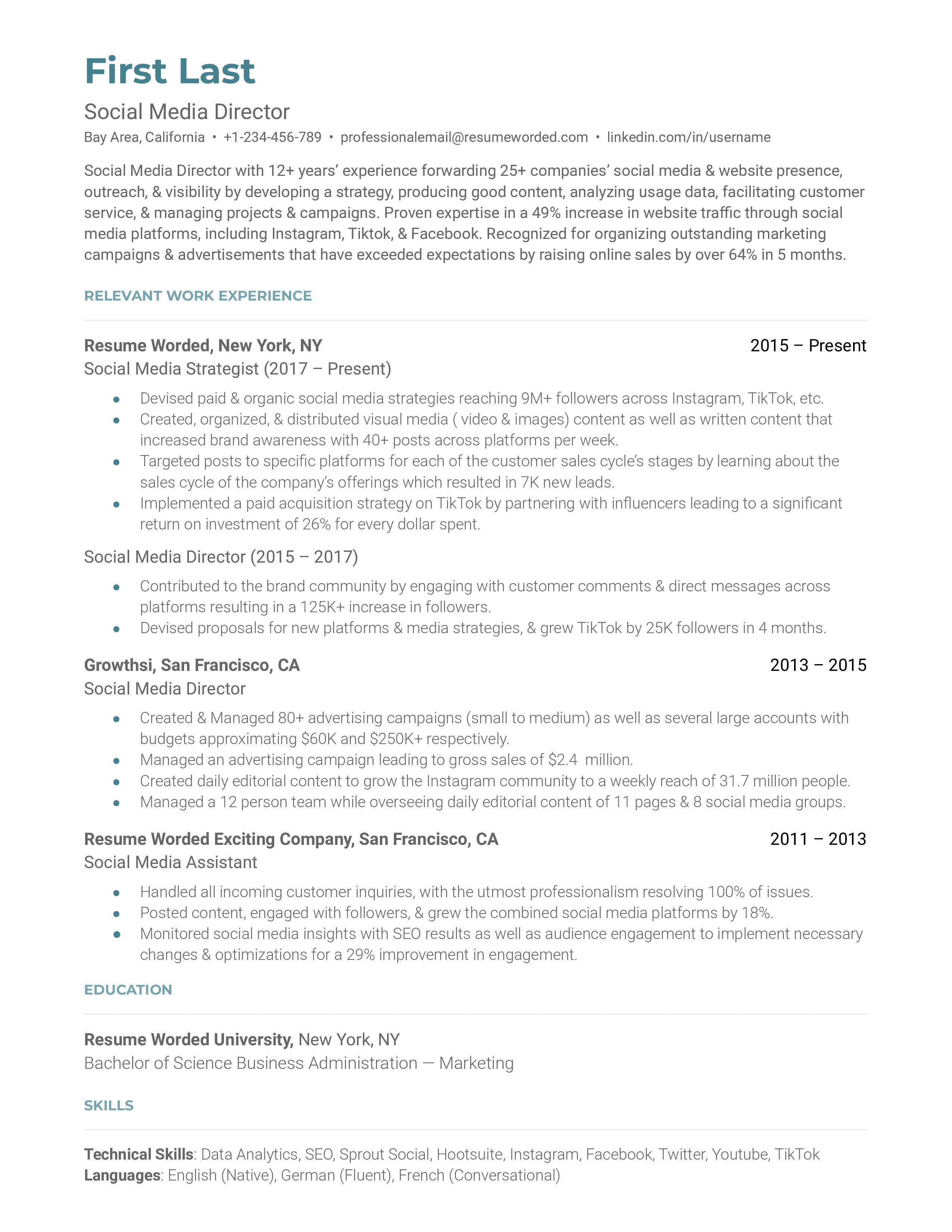 A resume for a social media director with a BS in marketing and experience as a social media assistant and strategist.