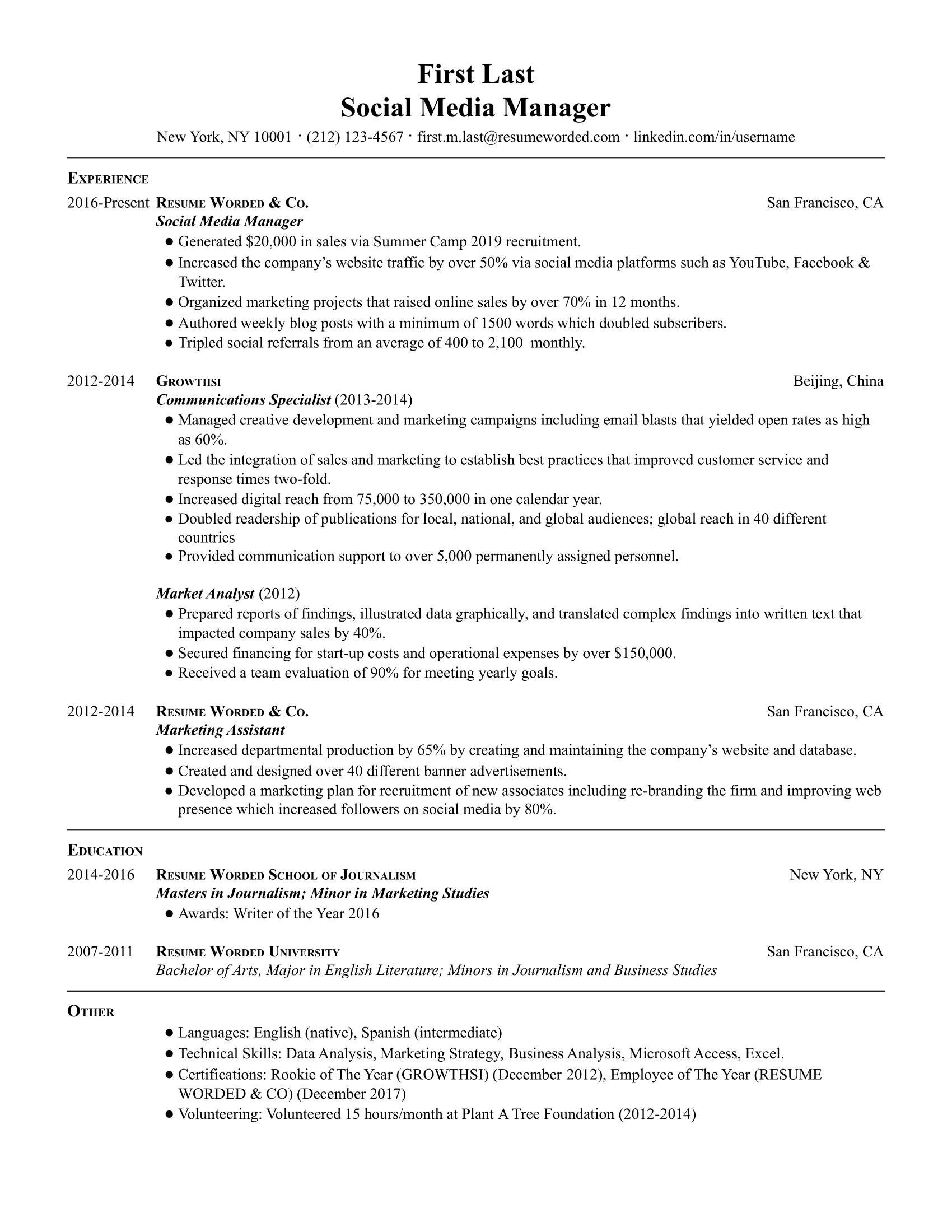 resume examples social media manager