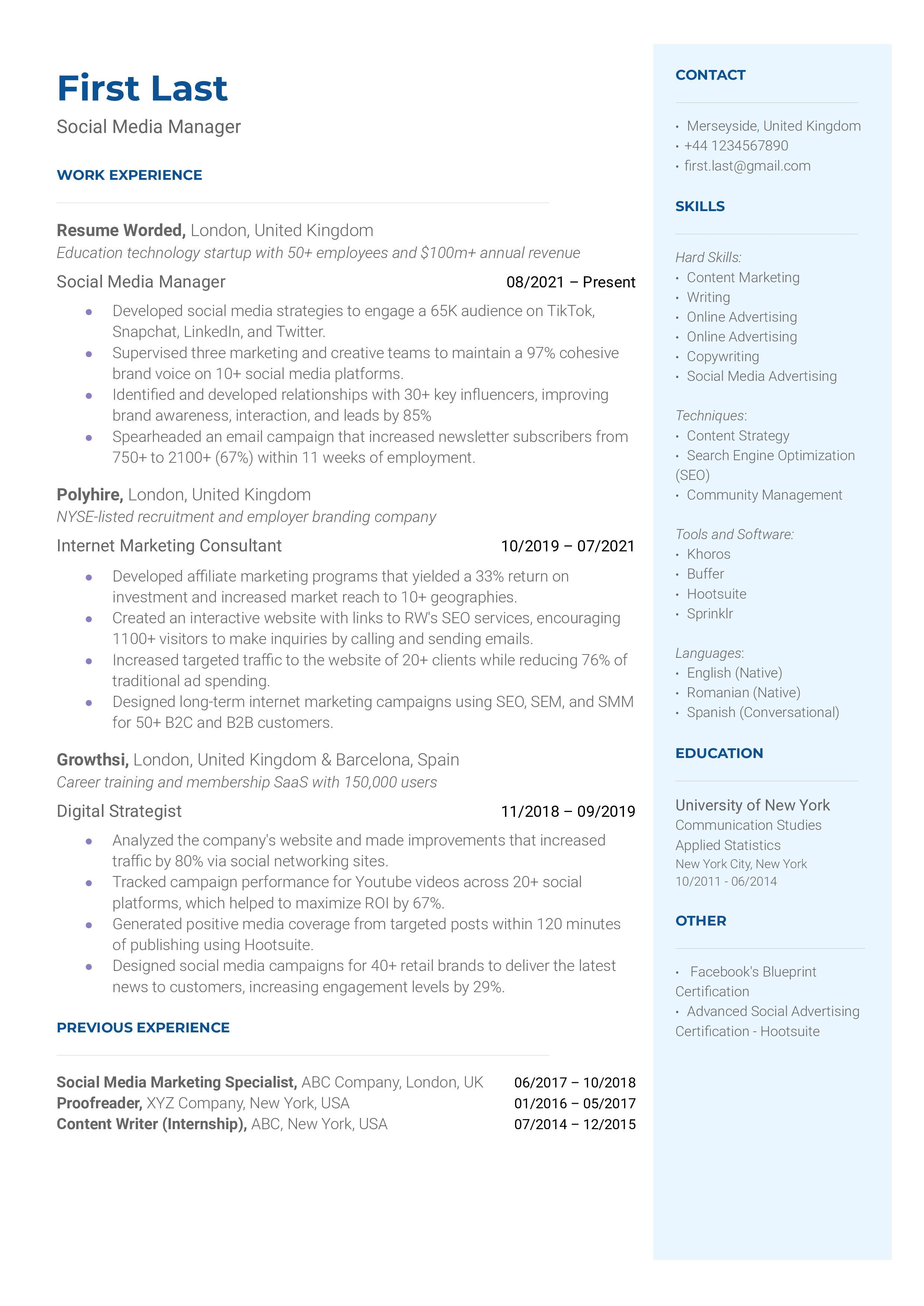 A resume for a social media manager with a master's degree in journalism and prior experience as a marketing assistant and market analyst.