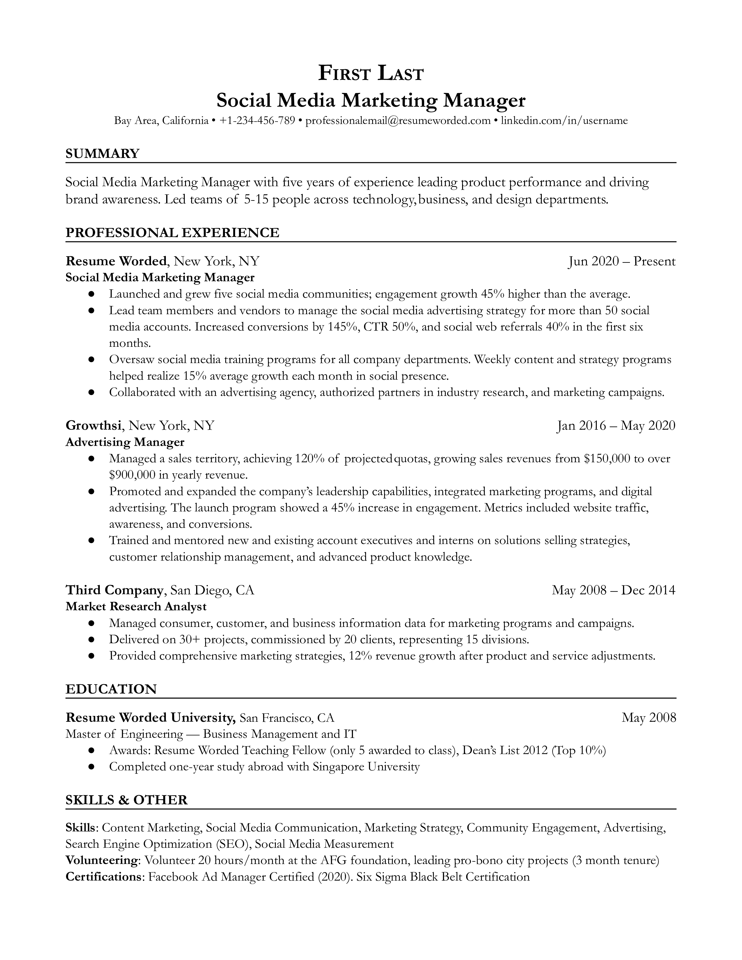 A resume for a social media marketing manager with a master's degree and experience as an advertising manager and market research analyst.