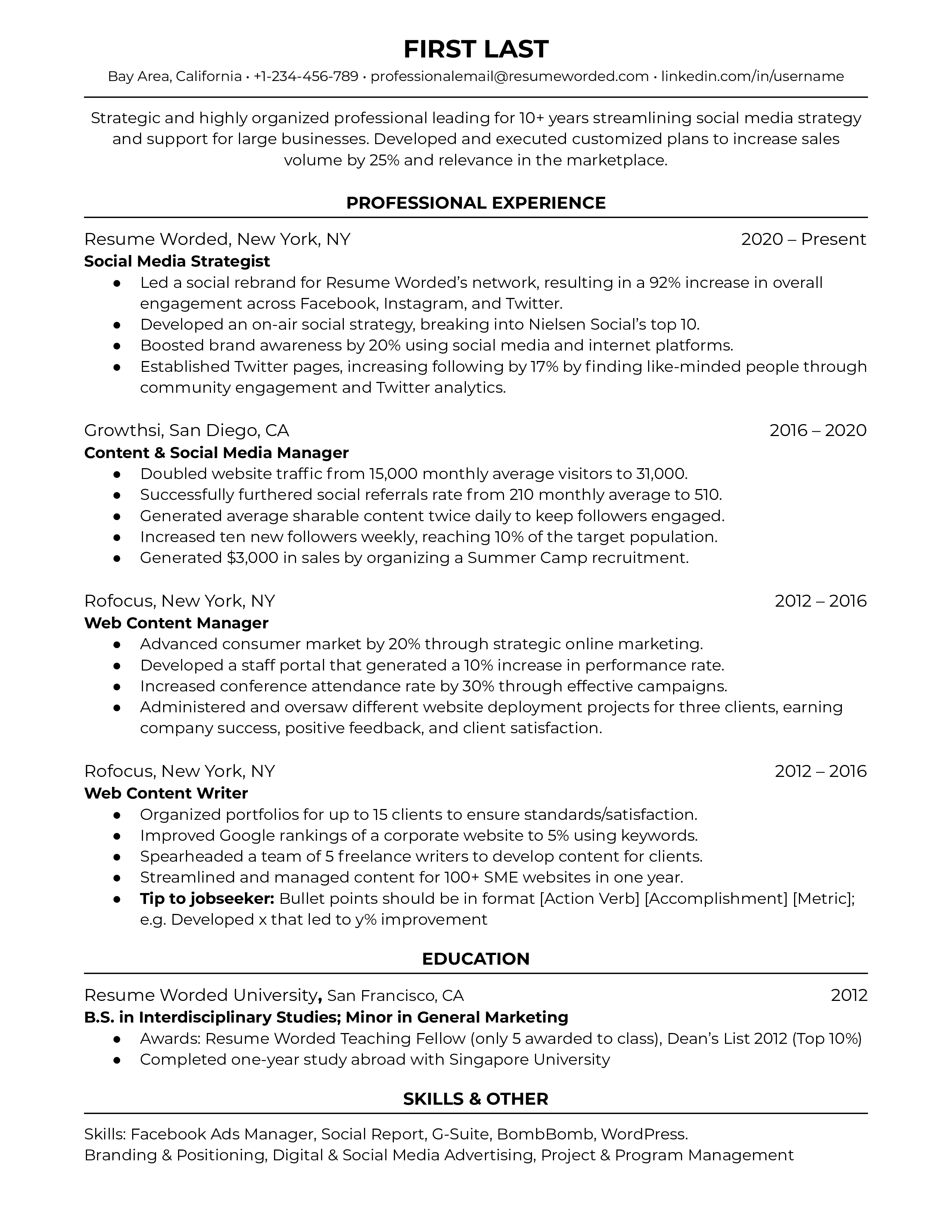 Social media strategist resume template and example