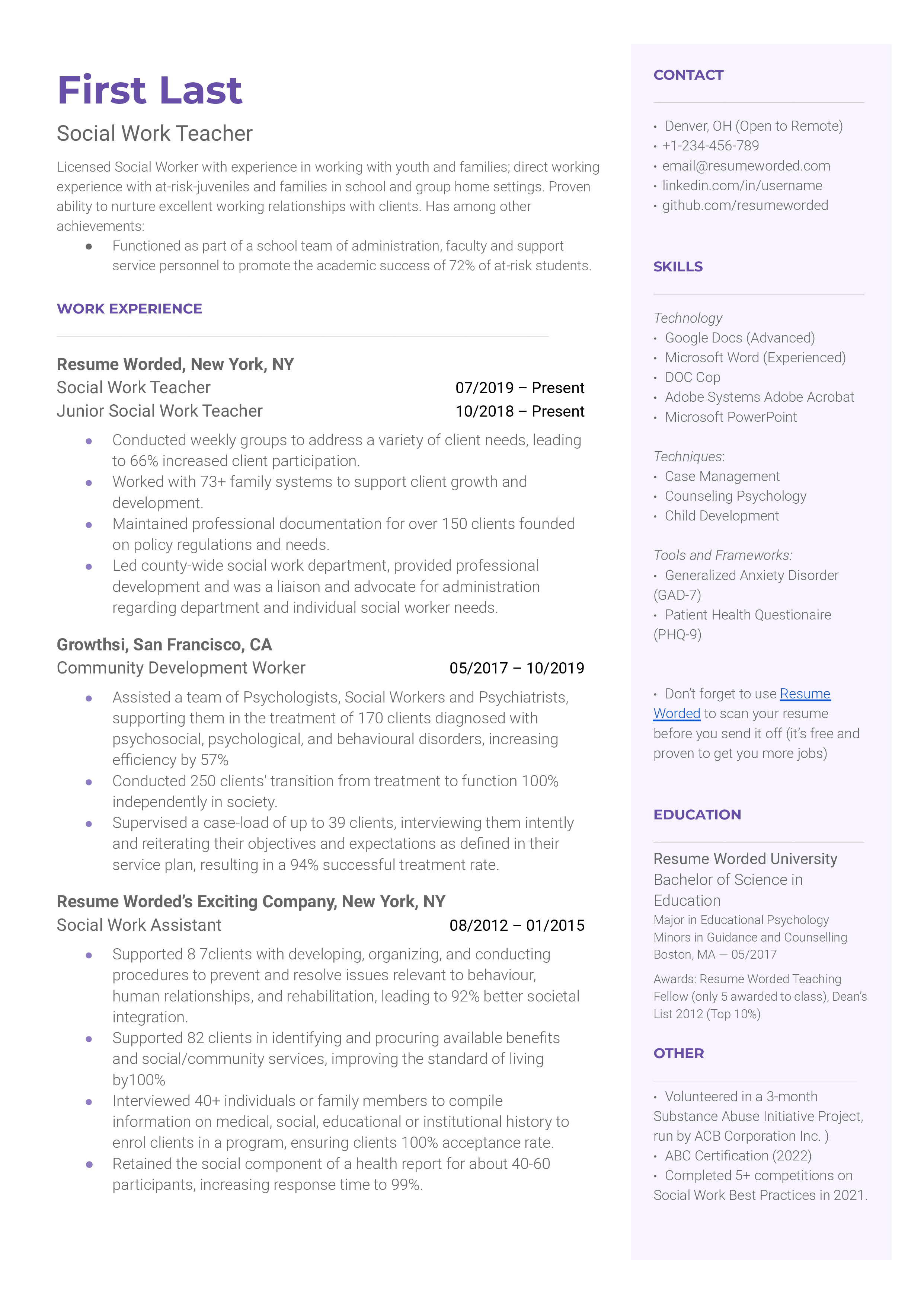 Social Work Teacher Resume Sample