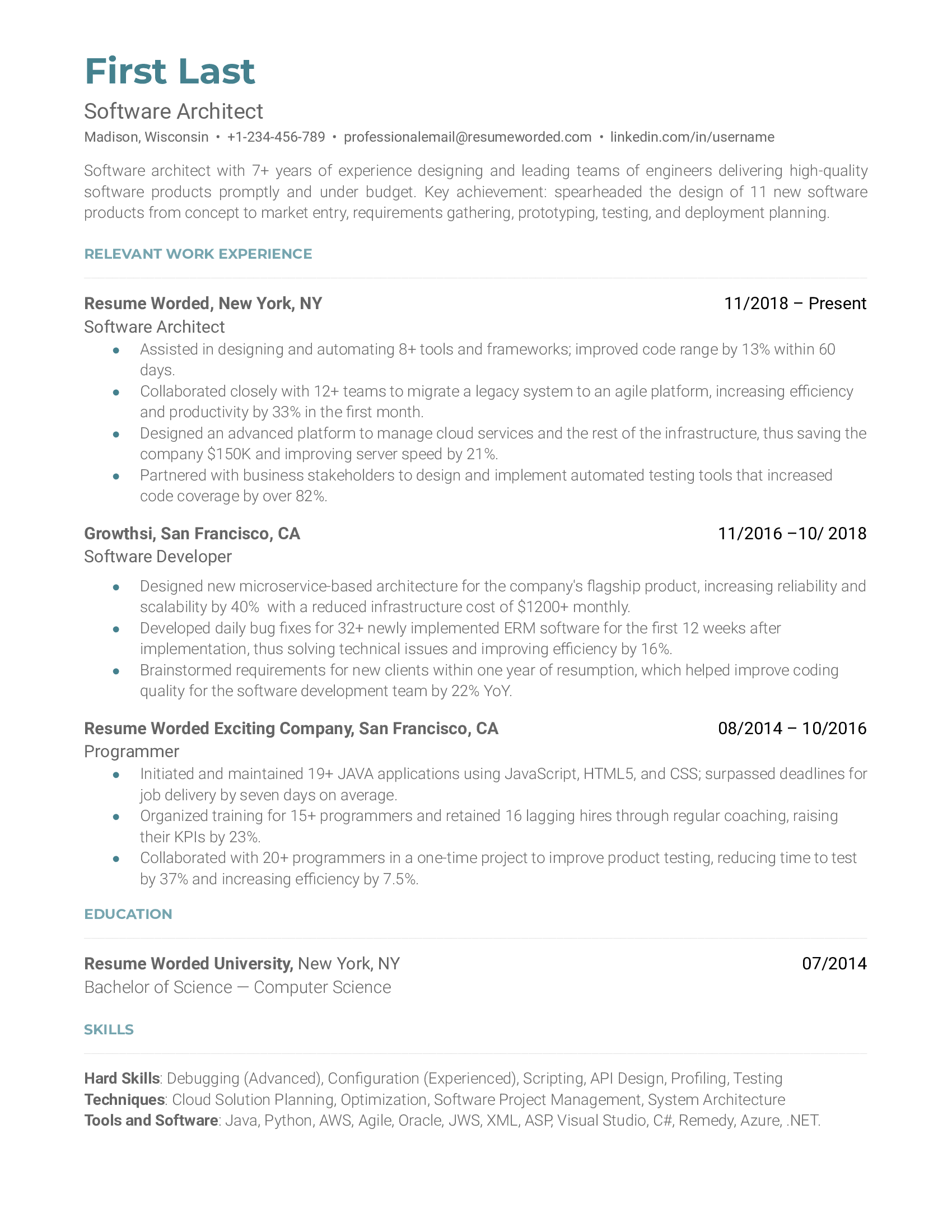 A well-structured CV of a Software Architect focusing on technical skills and project experiences.