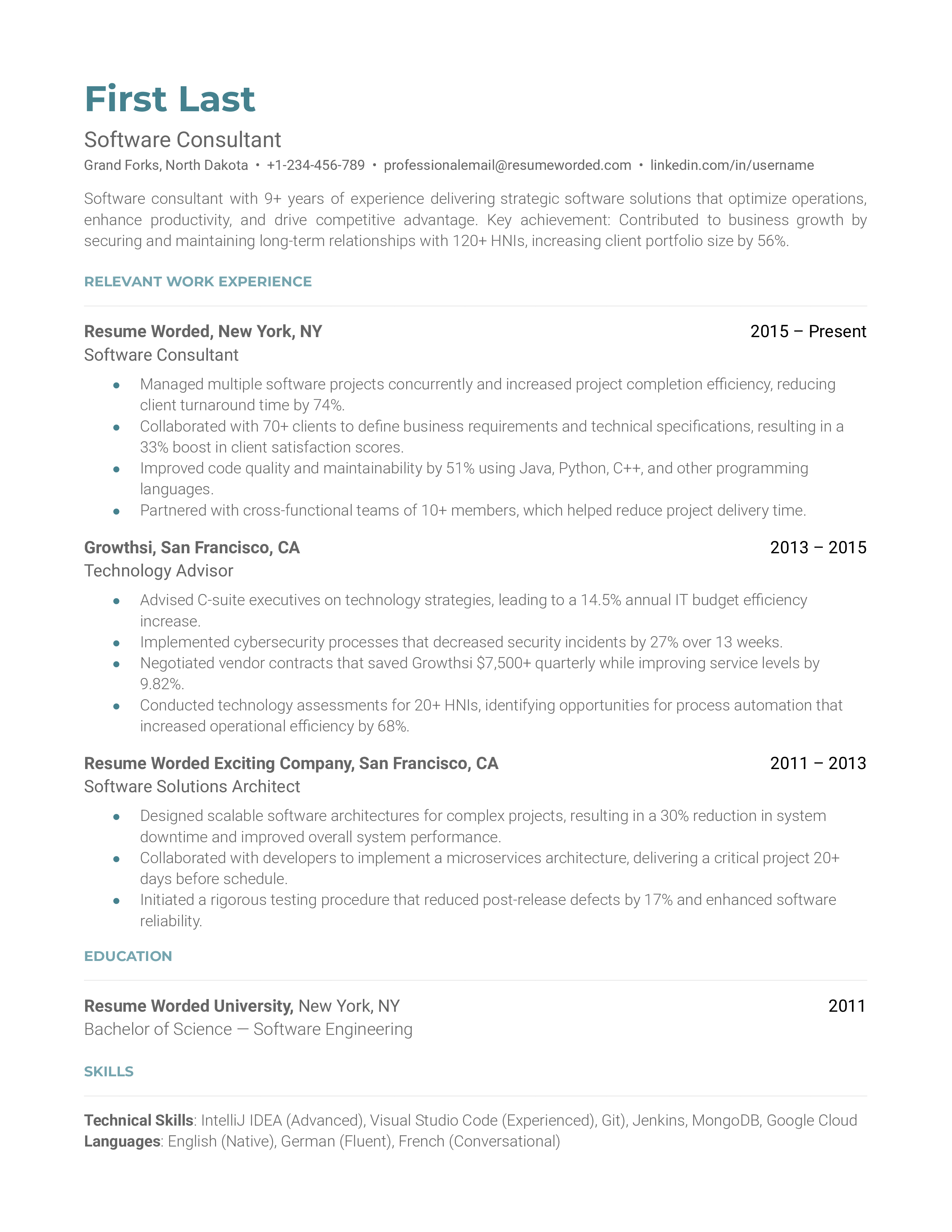 A software consultant's resume showcasing technical proficiency and problem-solving skills.