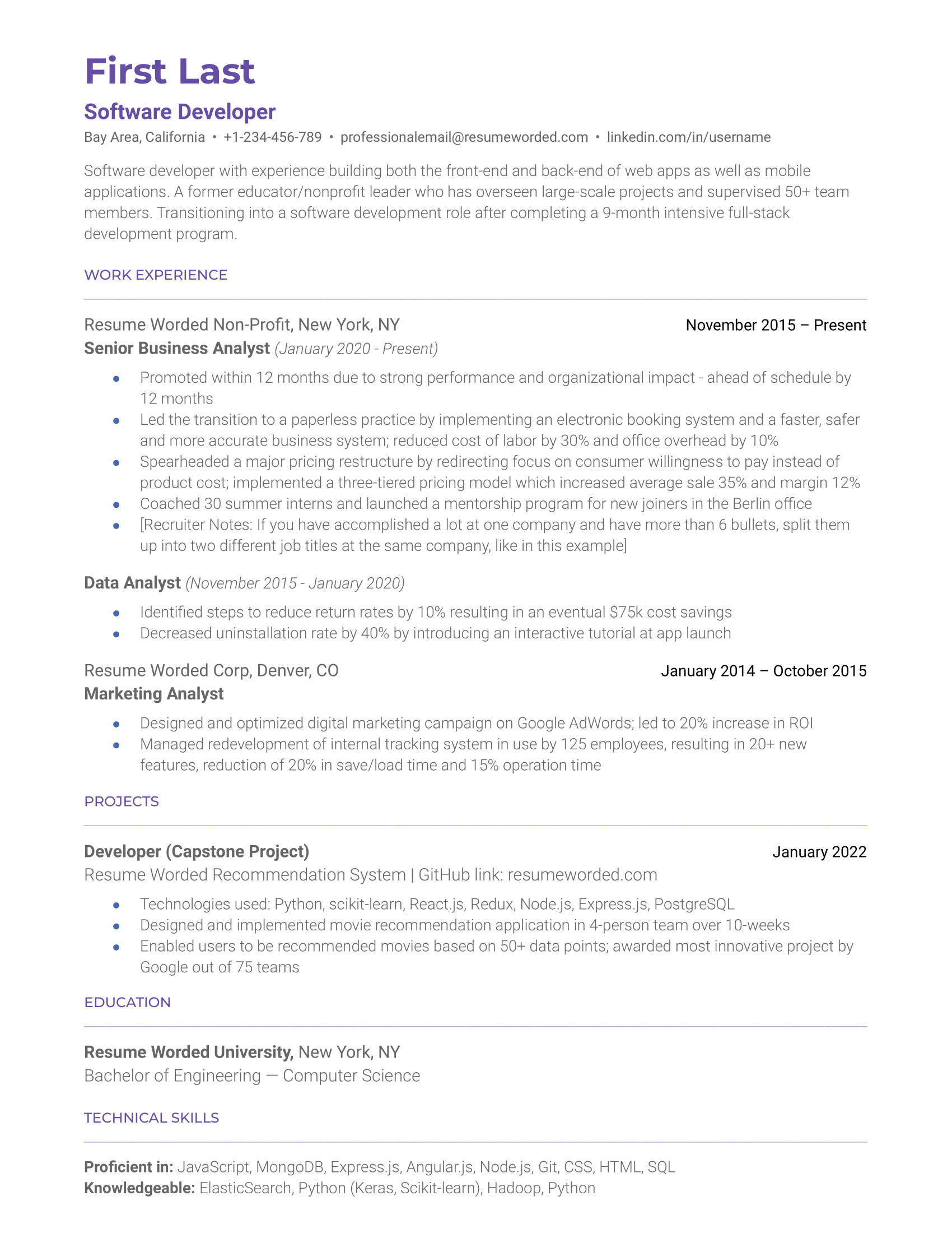 A well-structured CV for a software developer highlighting technical skills and problem-solving experiences.