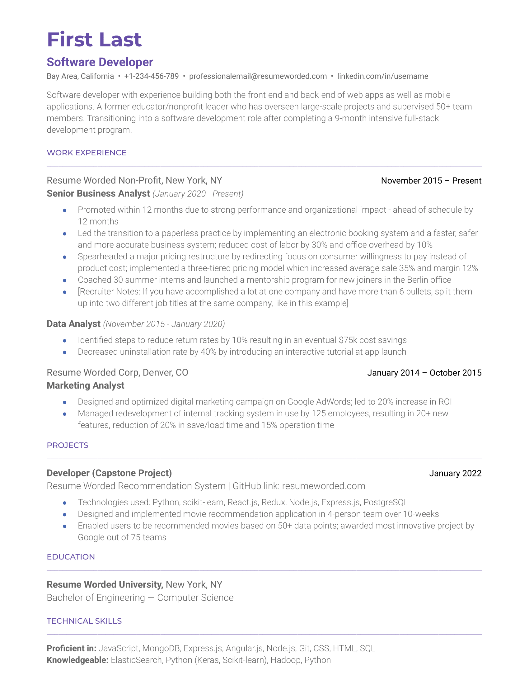 Software Developer Resume Sample