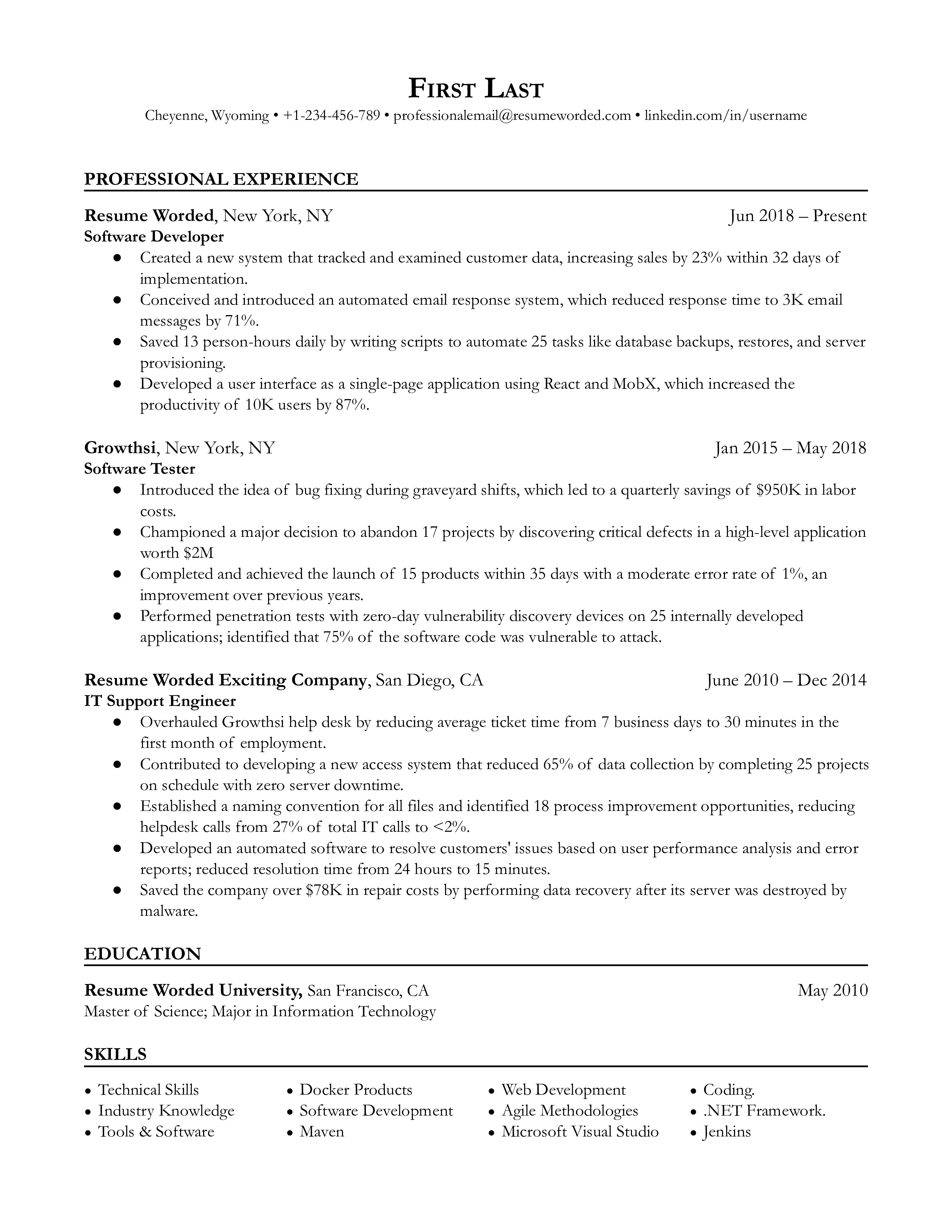 Screenshot of a software developer's CV emphasizing project examples and continuous learning.