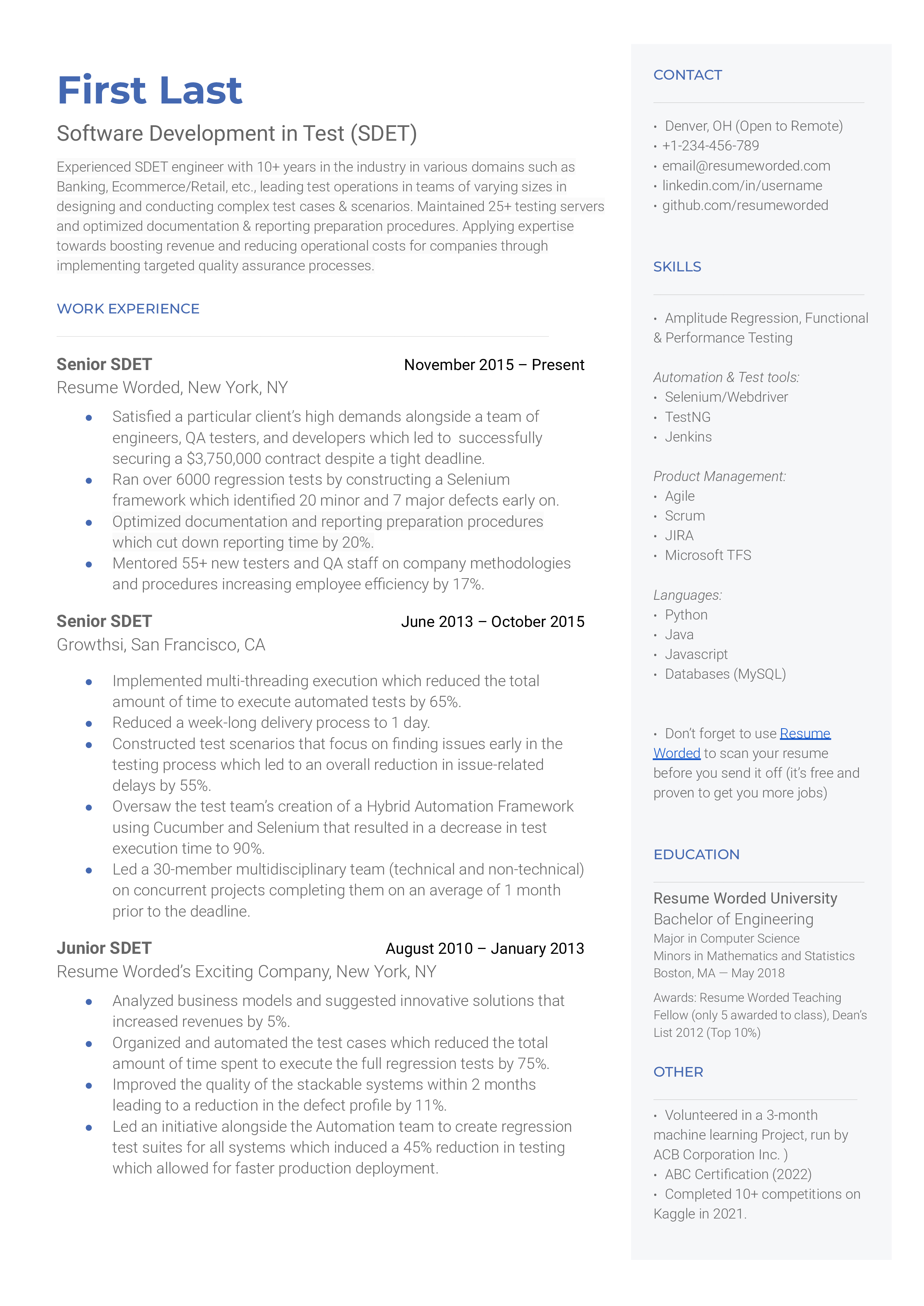 A CV showing the balance of technical and critical thinking skills of a Software Development Engineer in Test.