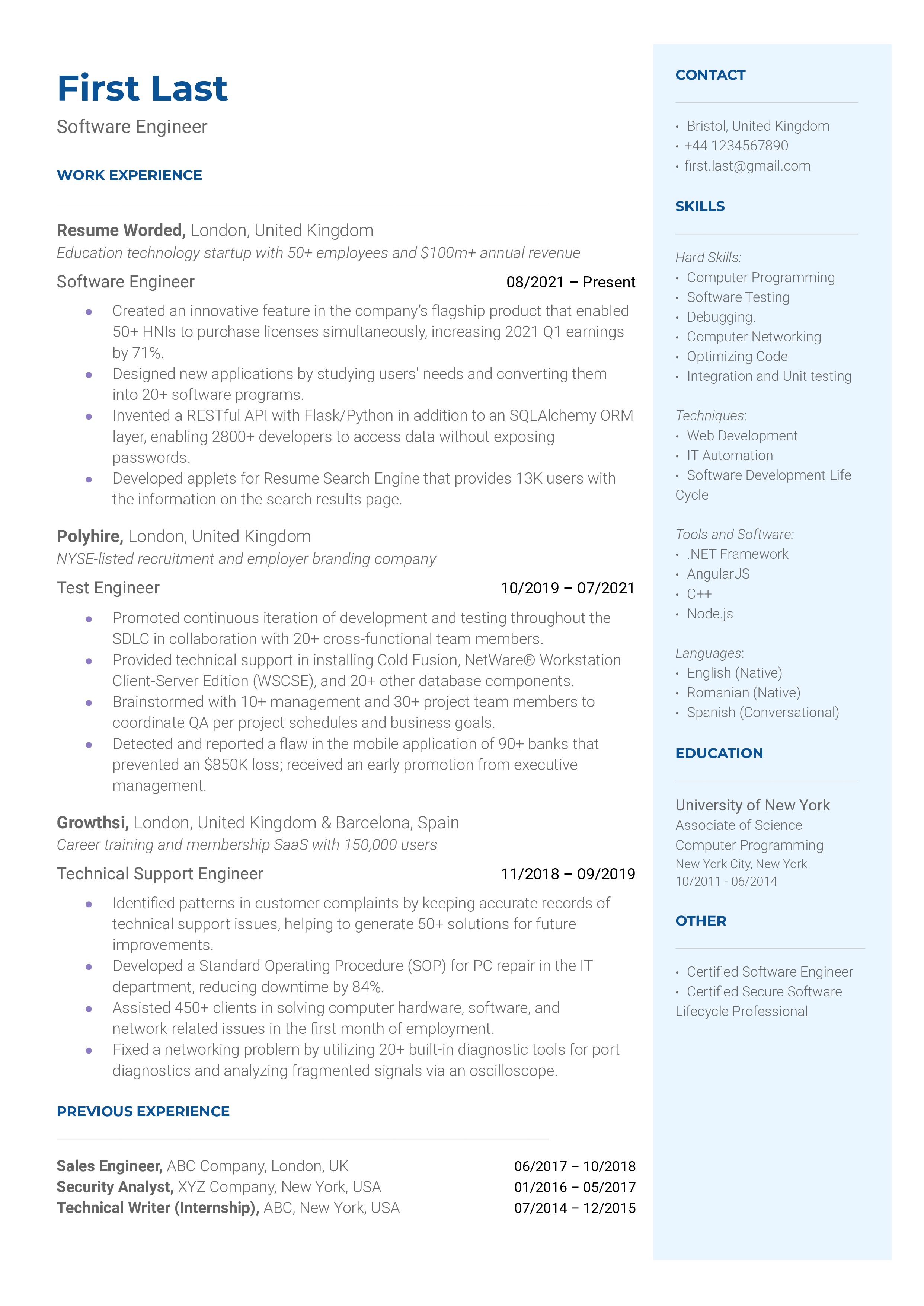 A resume for a software engineer with a degree in electrical engineering and experience as a front-end developer.