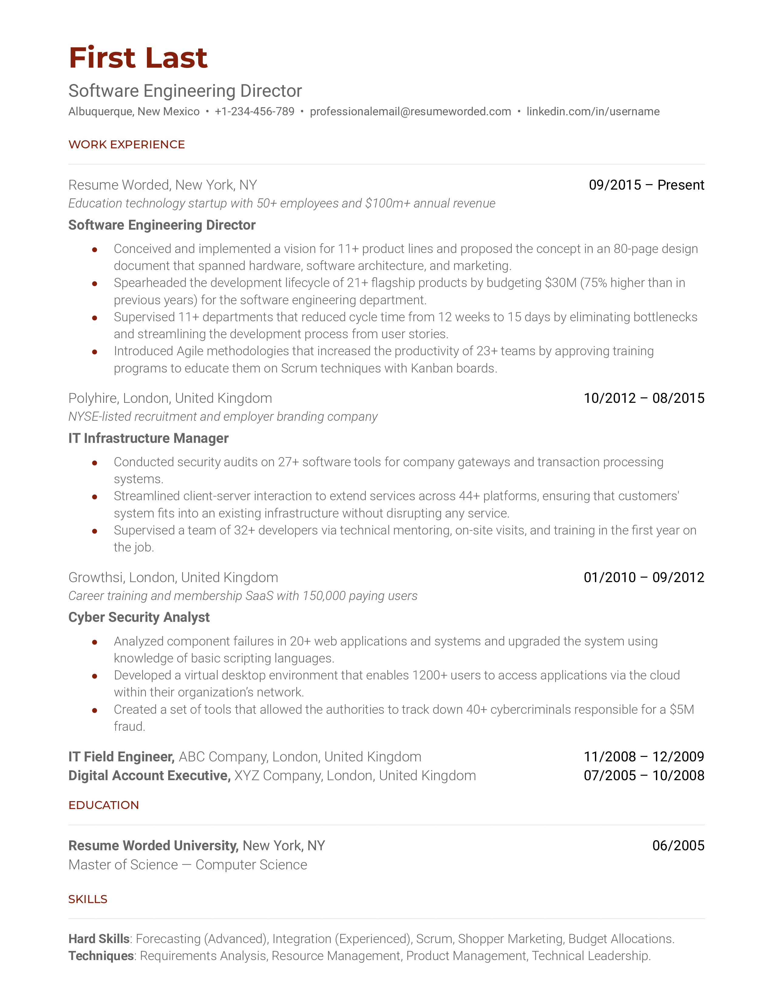 A software engineering director resume template including relevant work experience and skills. 