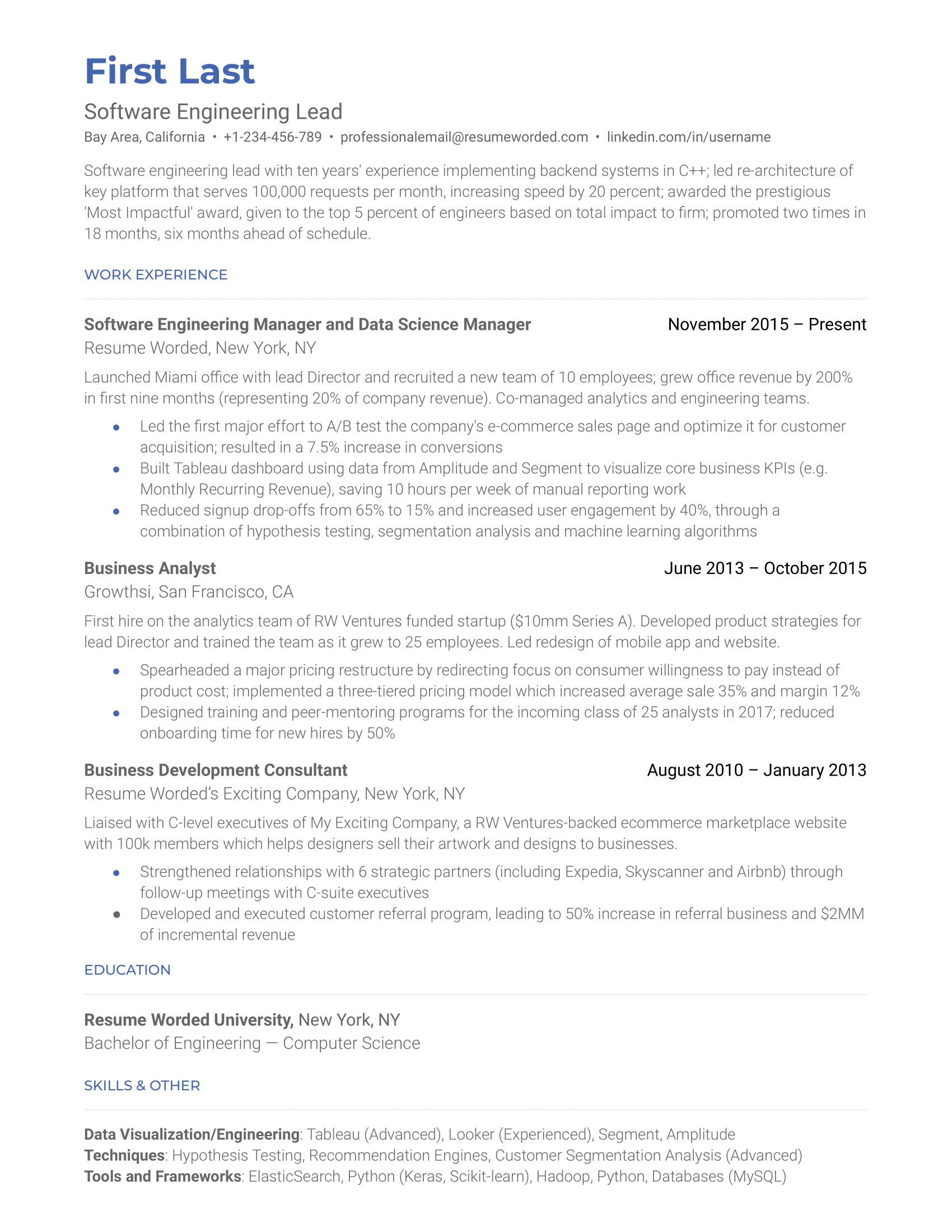A snapshot of a CV featuring leadership and advanced technical skills for a software engineering lead role.