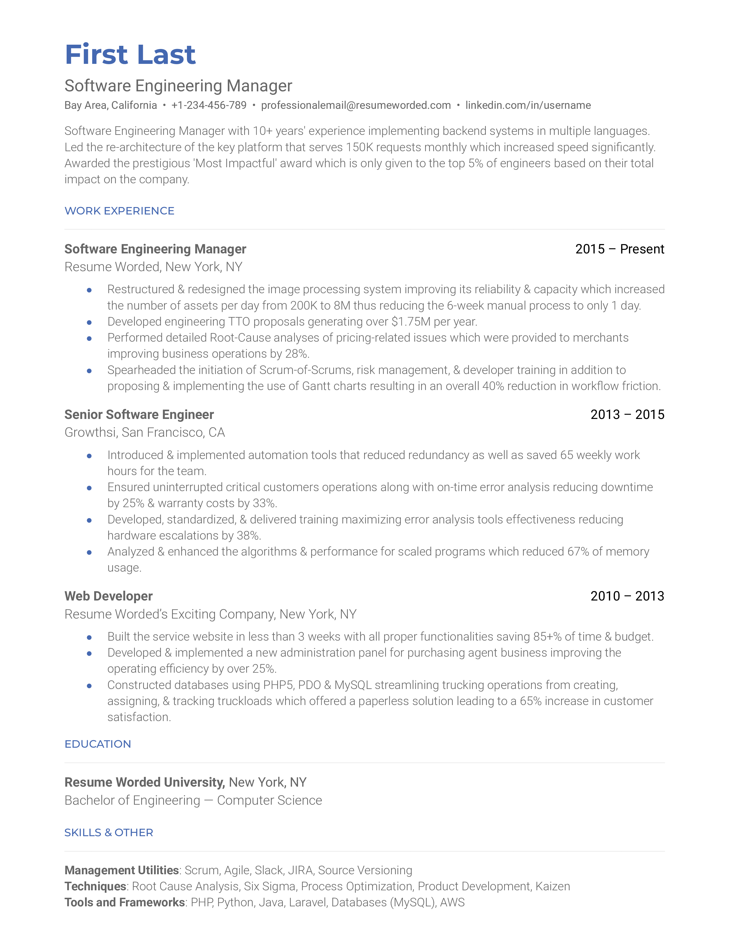 Screenshot of a CV for a Software Engineering Manager role.