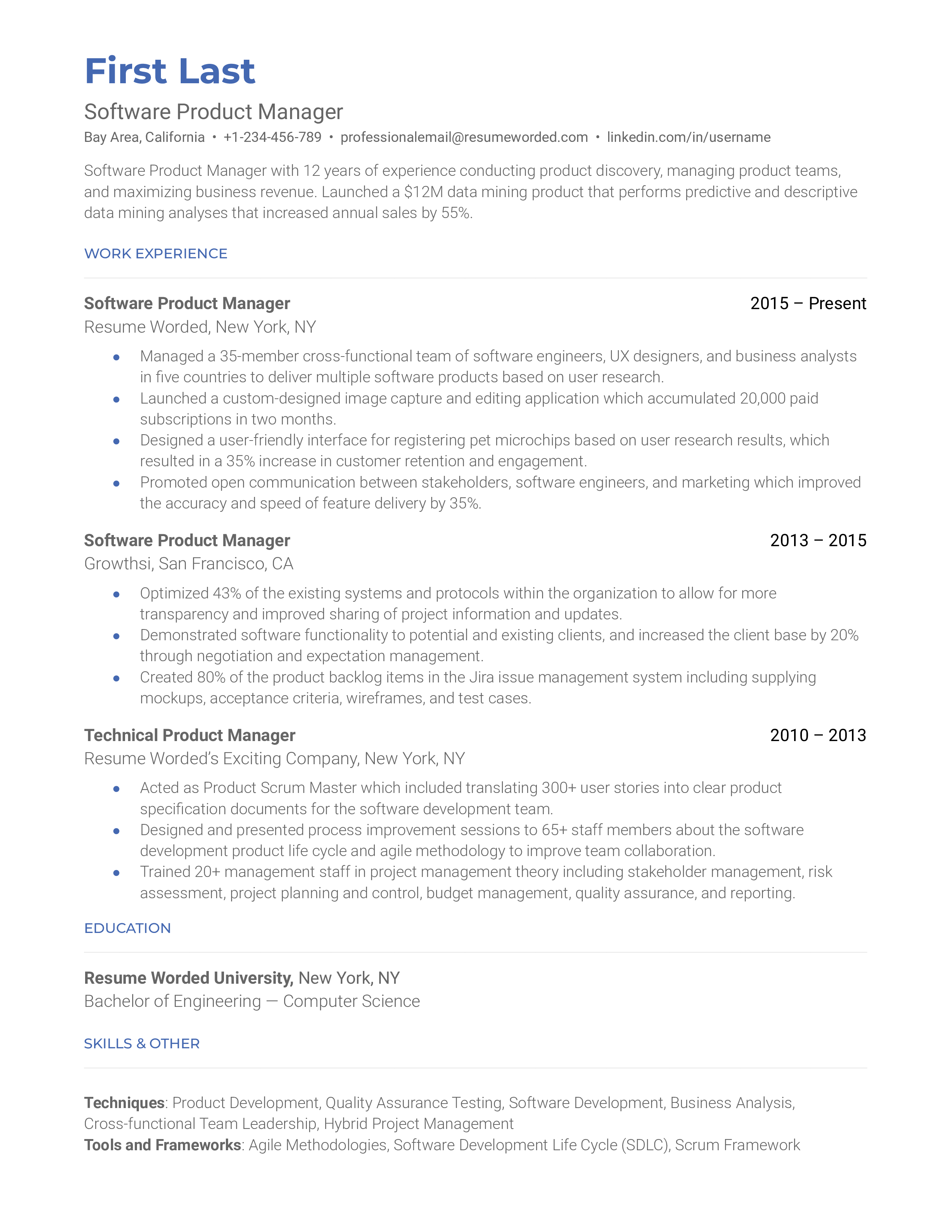 Software product manager resume sample that highlights the applicant’s software related skills and experience.