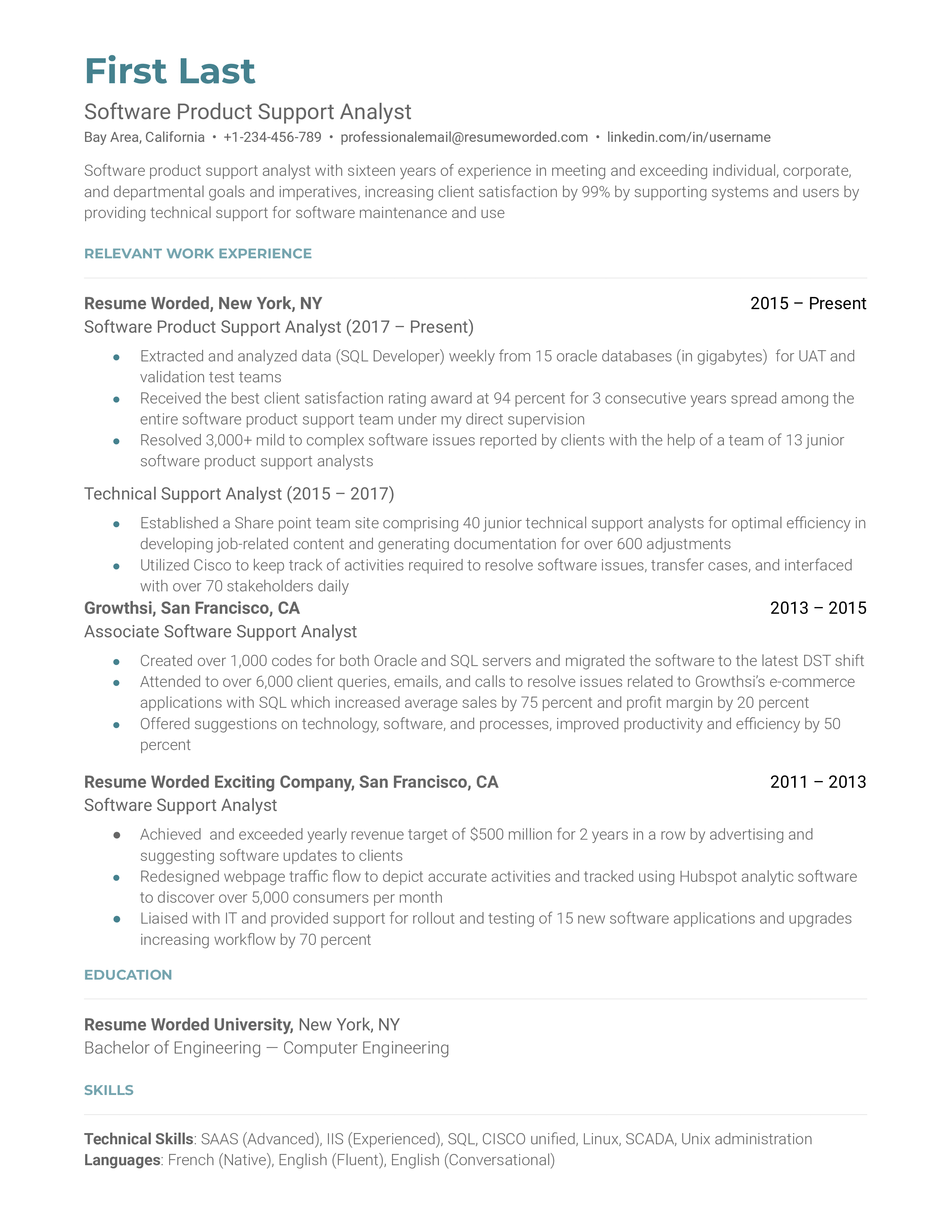 A resume example template shows how to create a good software product support analyst's resume that will help you land a job.