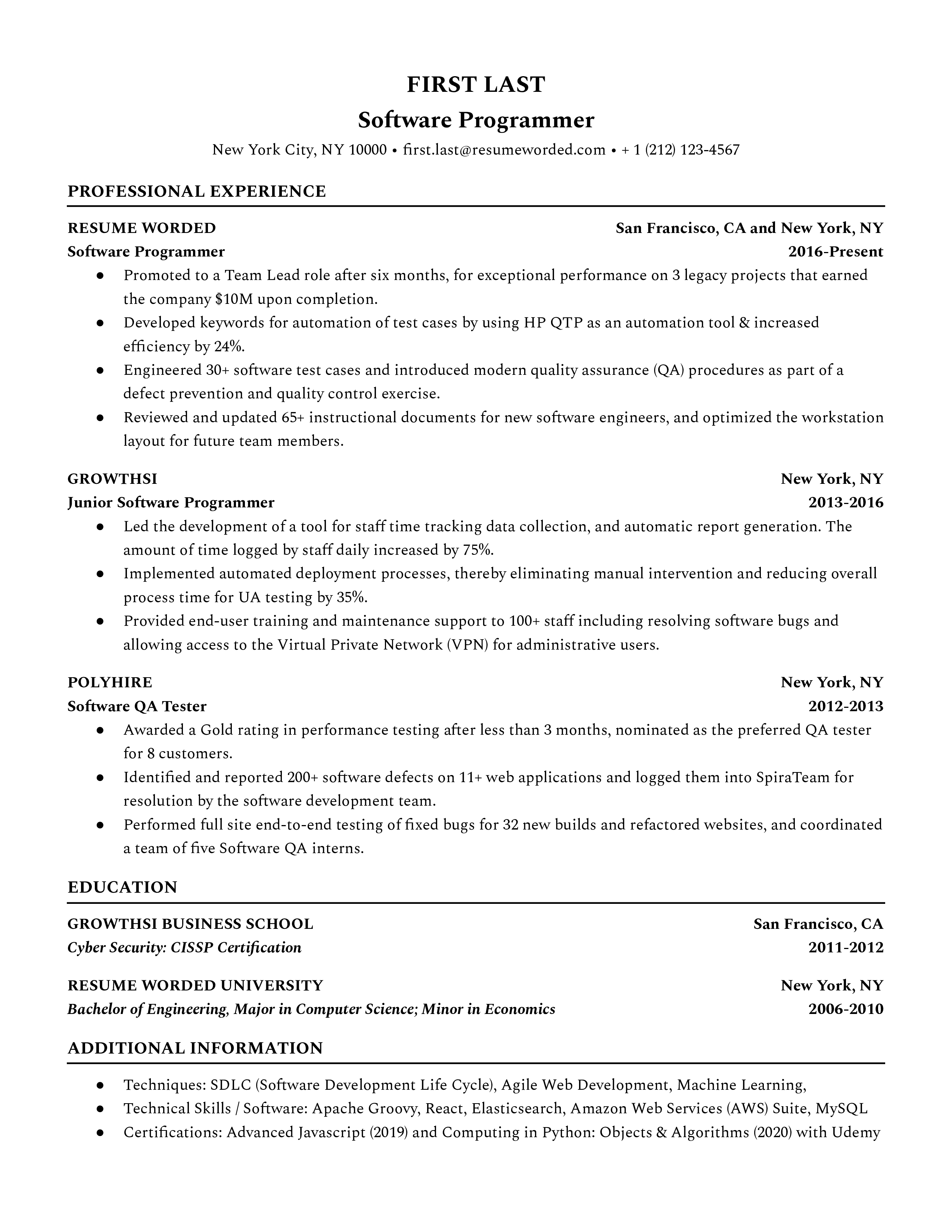 A software programmer resume that includes work experience, education, and additional information