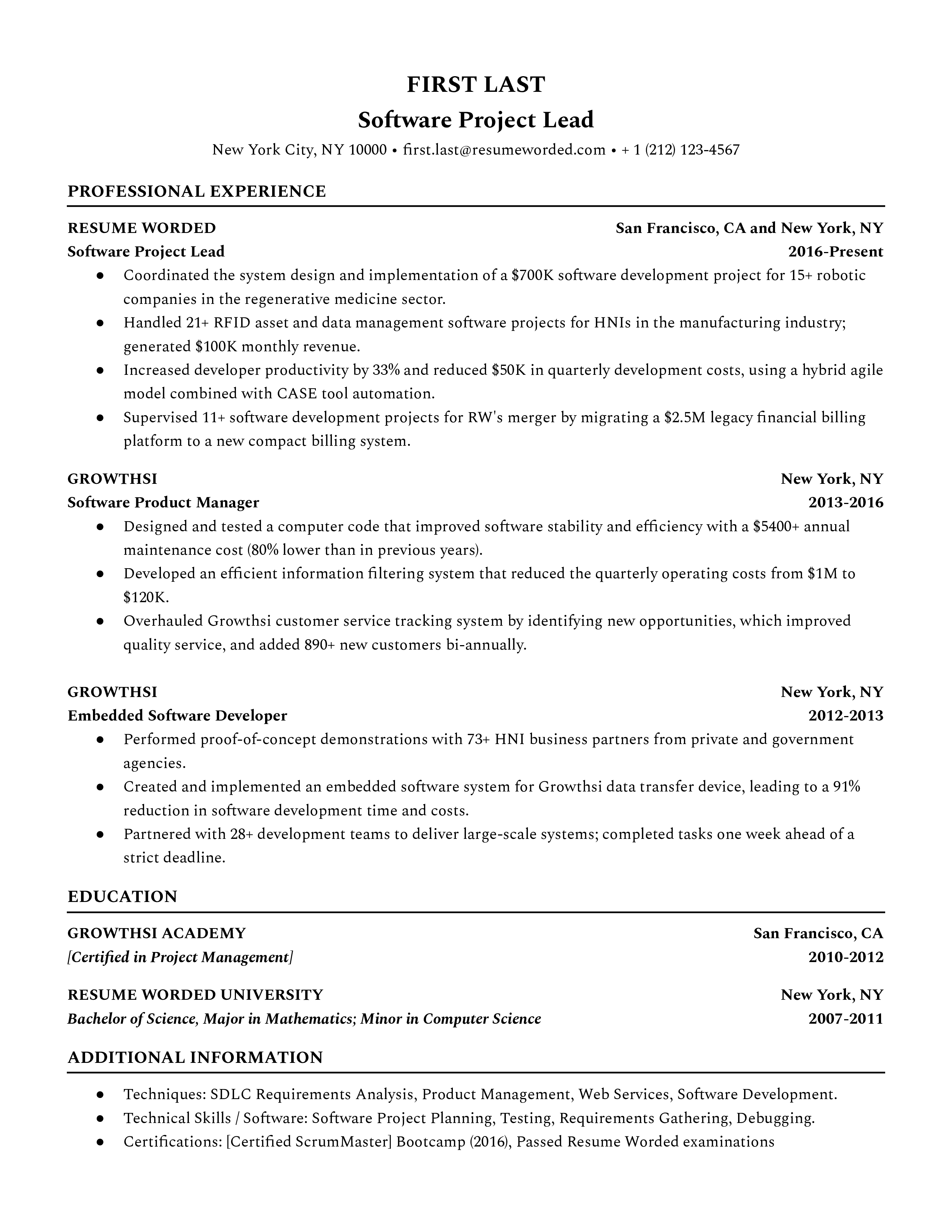 An software project leads resume template tailored to the computer science industry.