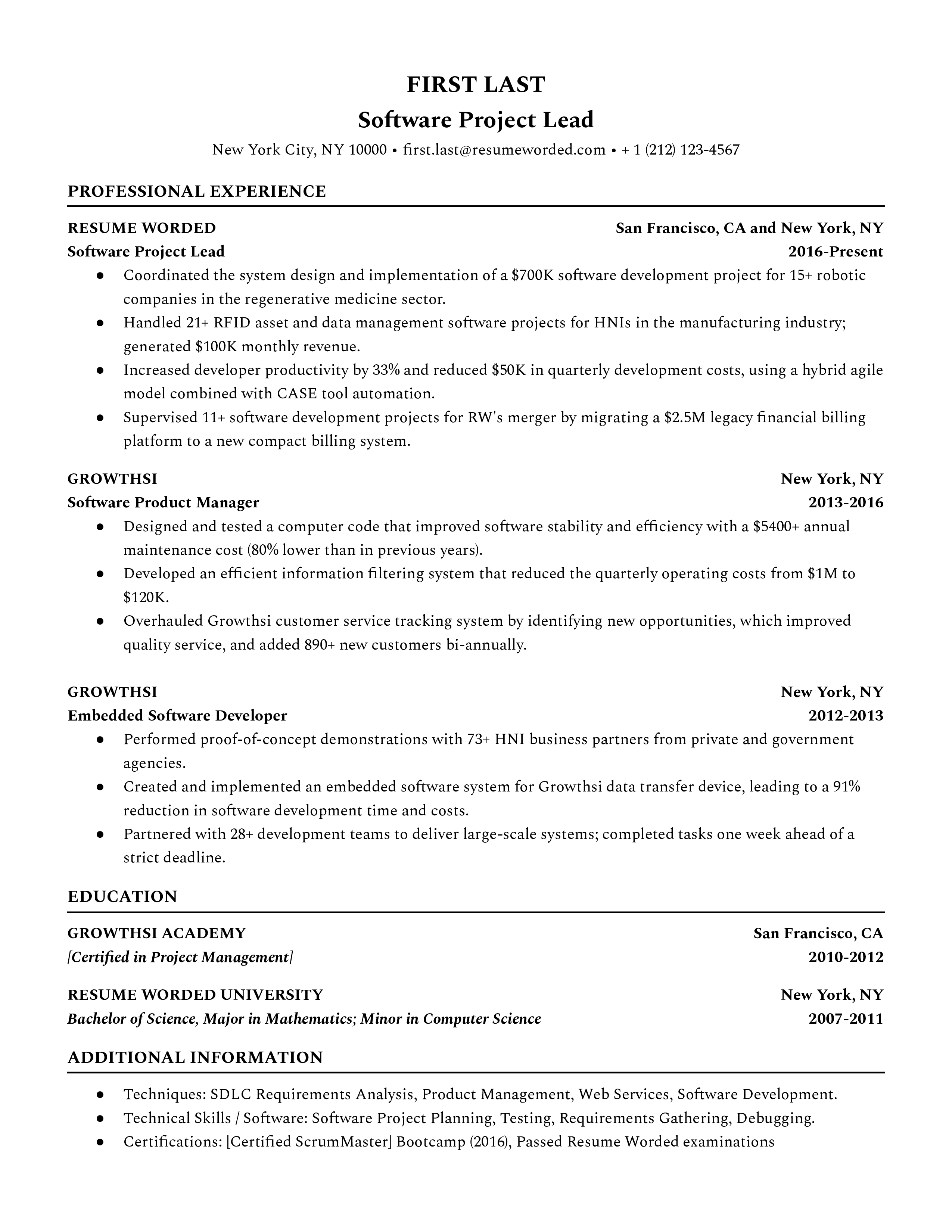 Software Project Lead CV detailing Agile and DevOps proficiency.