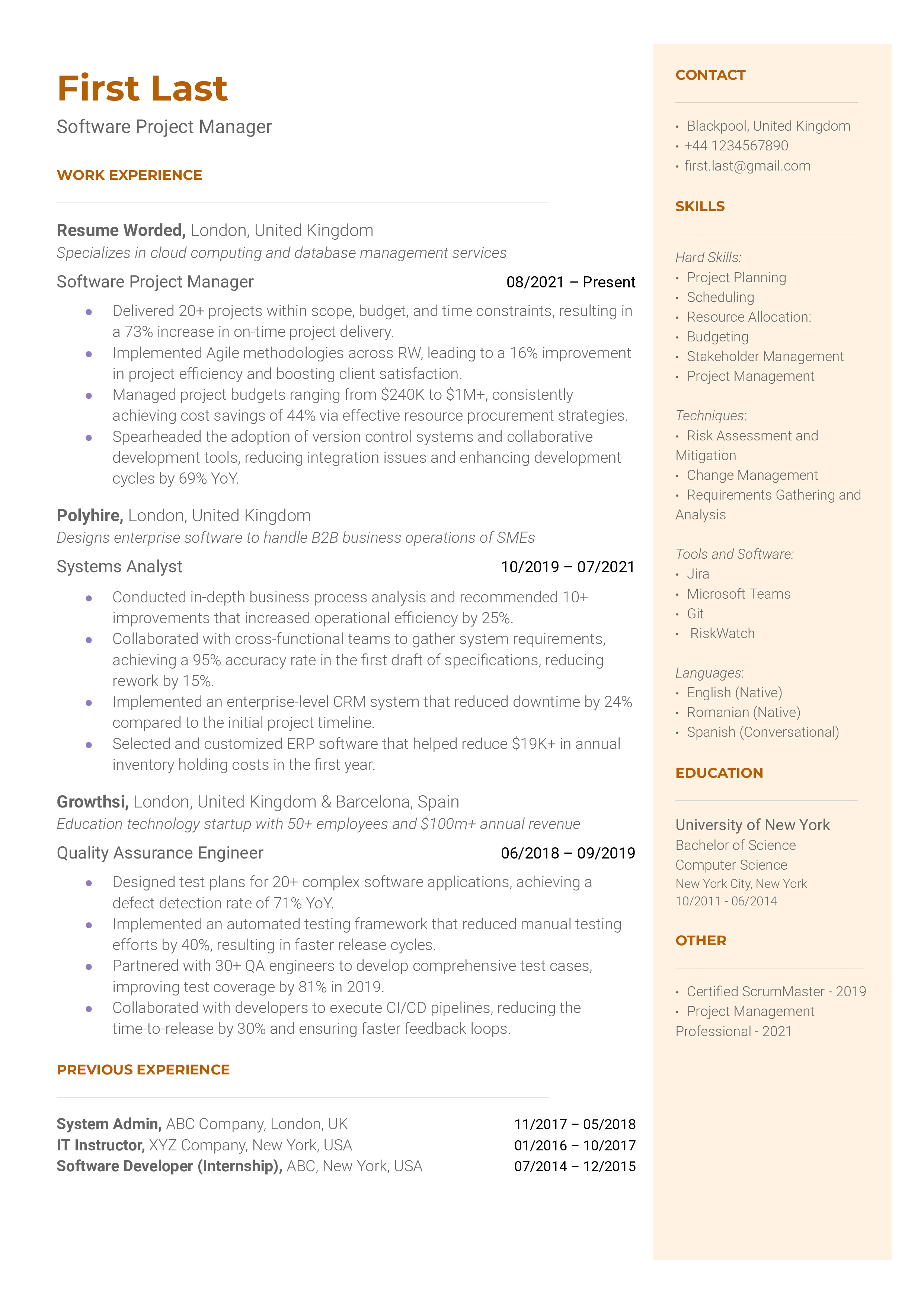 A polished resume for a Software Project Manager role.