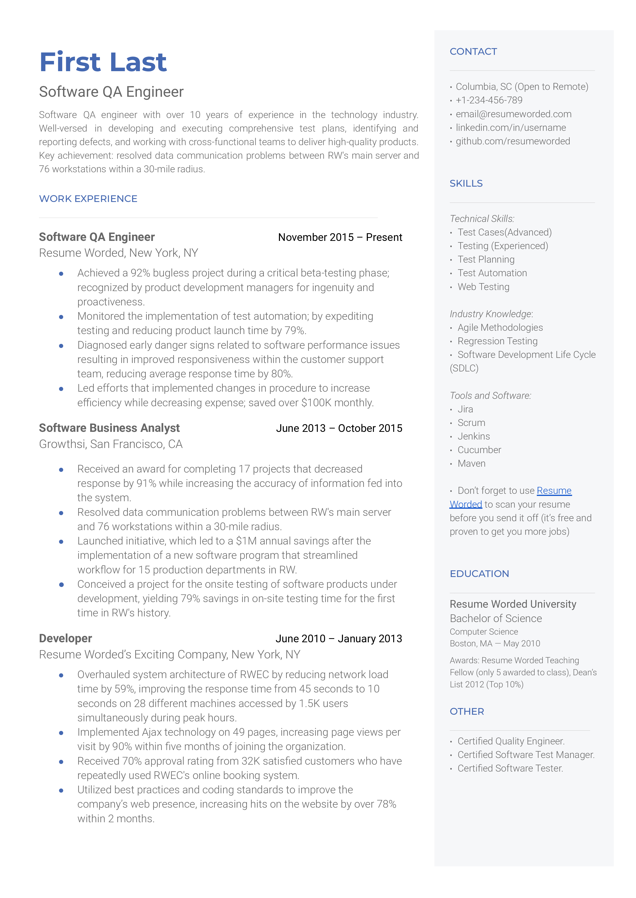 A software QA engineer resume sample that highlights the applicant’s value addition and awards.