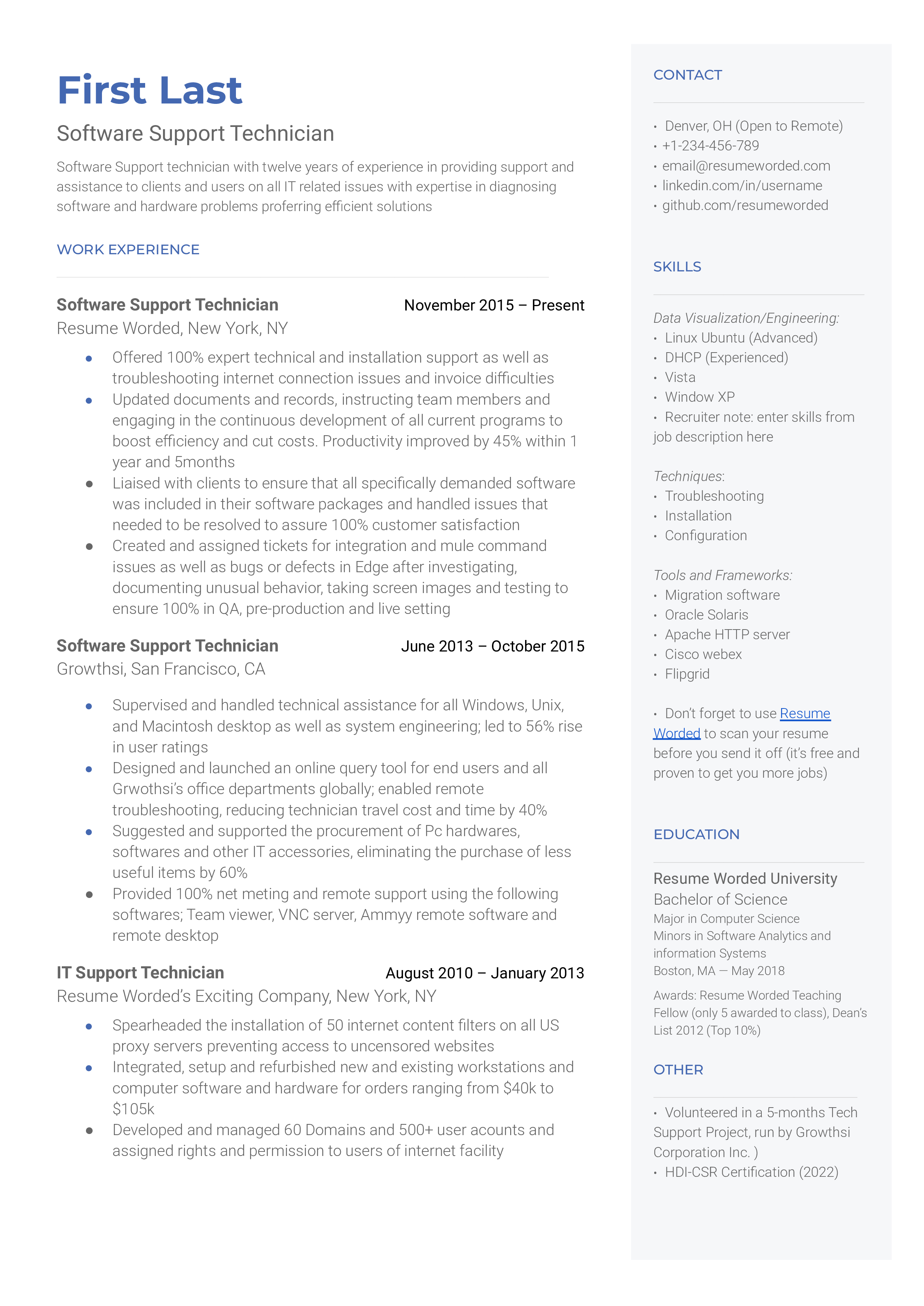 An exemplary Software Support Technician CV showcasing relevant skills and experiences.
