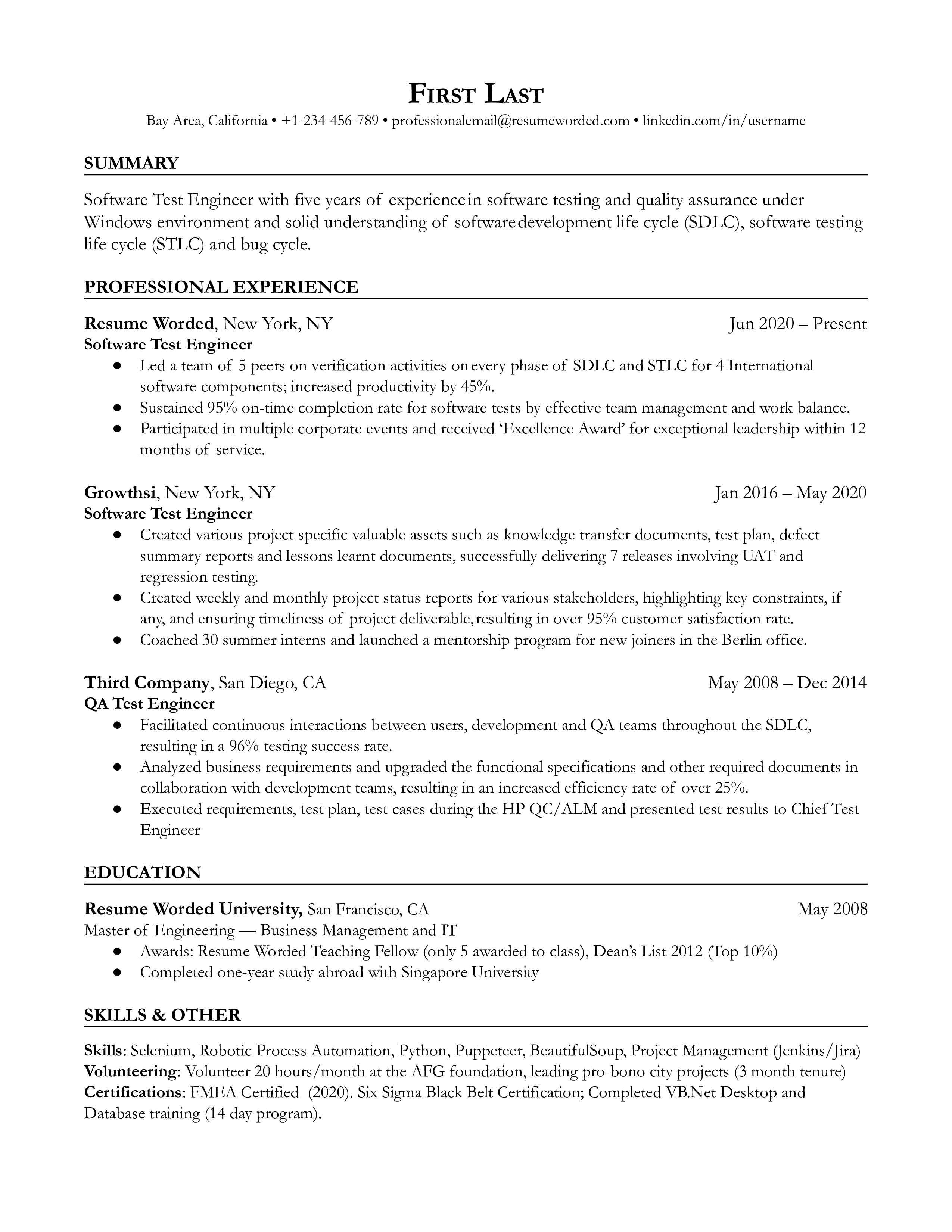 A software test engineer resume showcasing technical skills and testing methodologies.