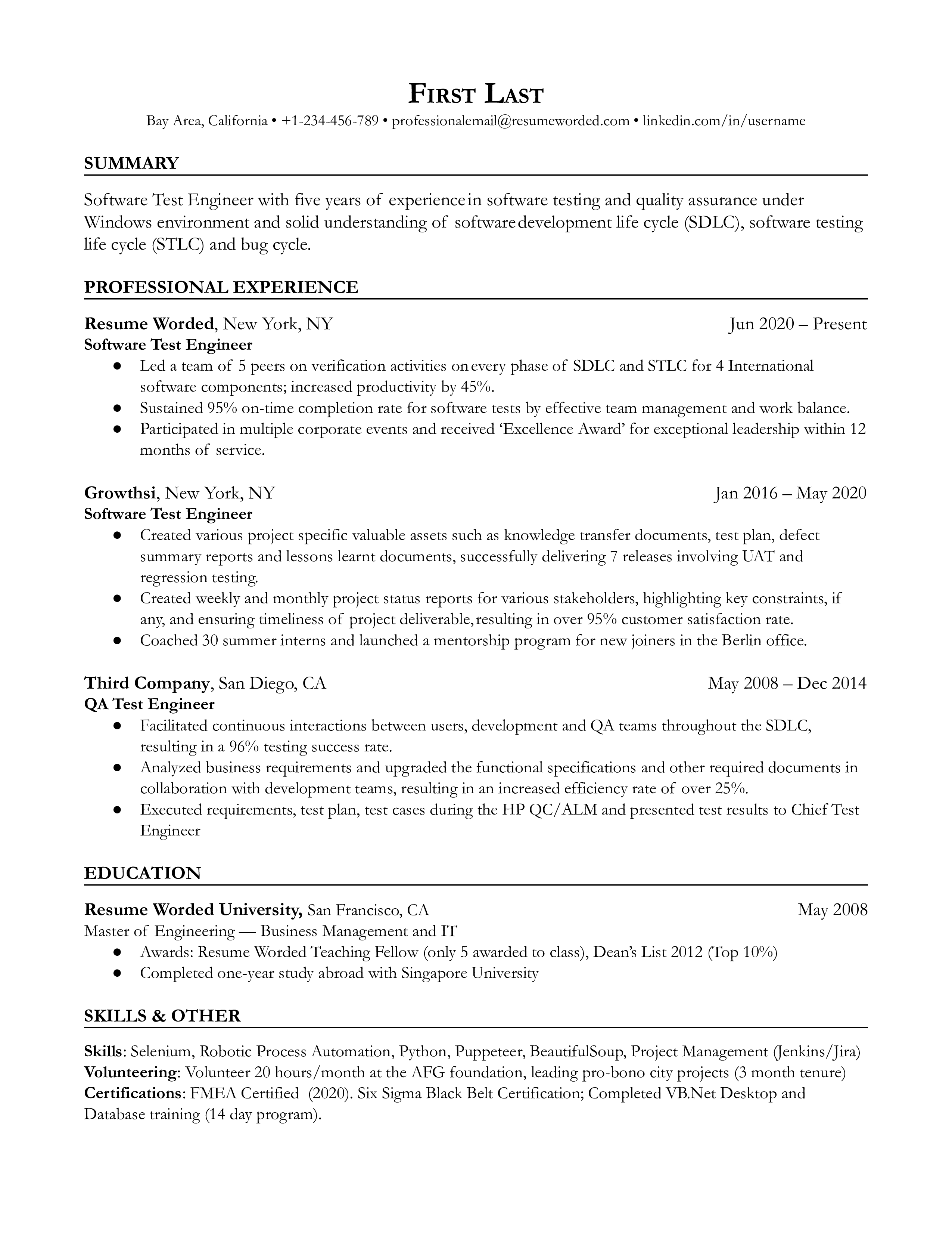 A CV screenshot for a Software Test Engineer featuring software development lifecycle and automation testing experience.