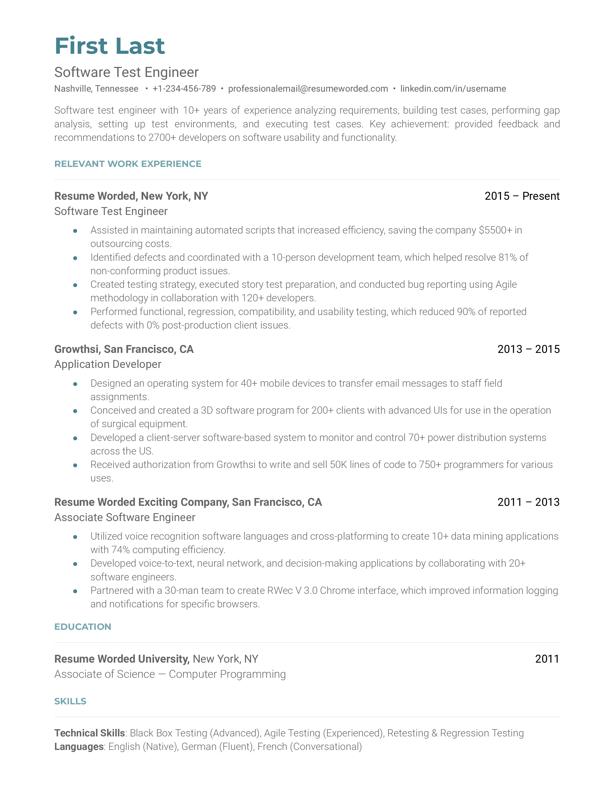 A software test engineer resume showcasing technical skills and testing methodologies.