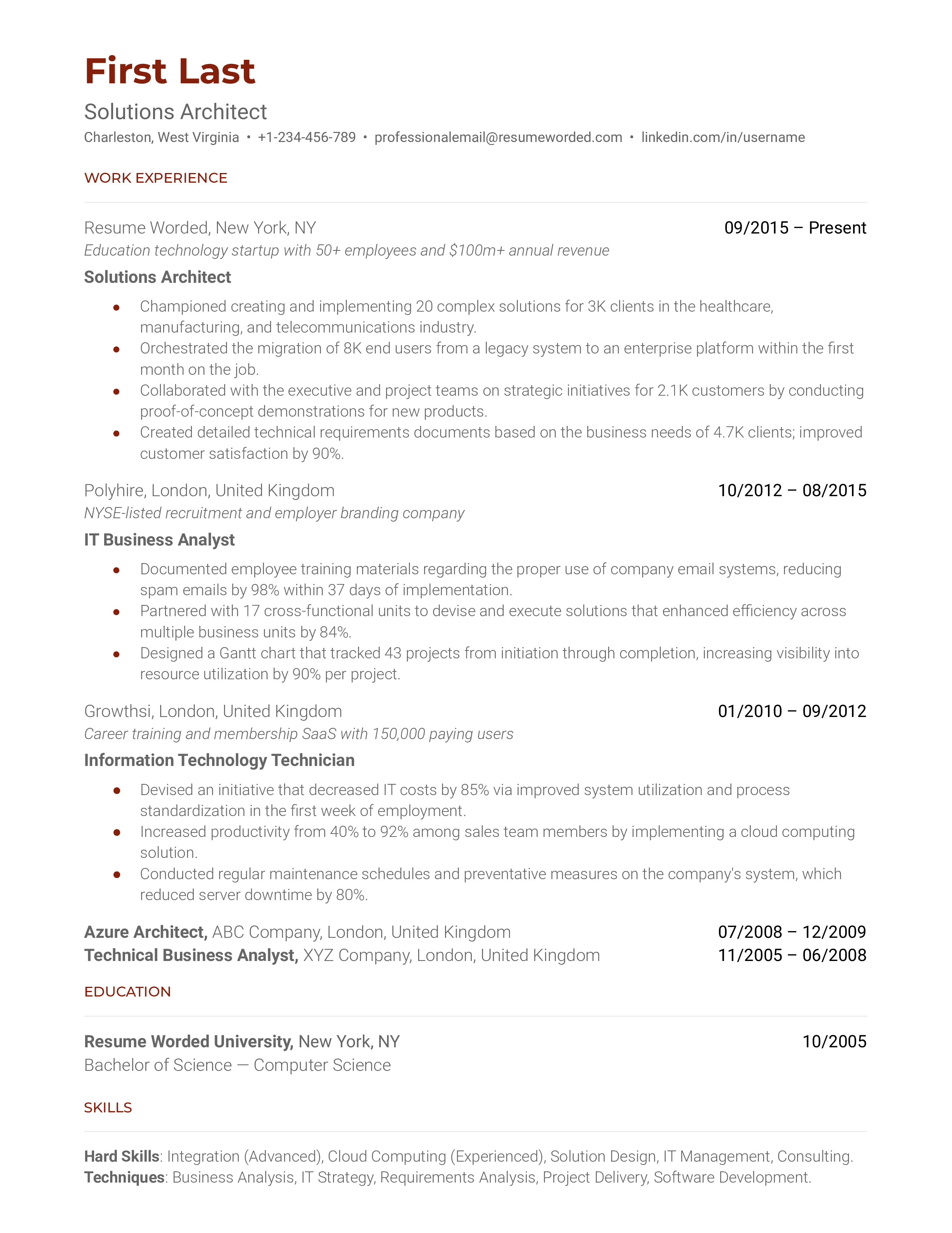A solutions architect resume template that organizes work experience chronologically