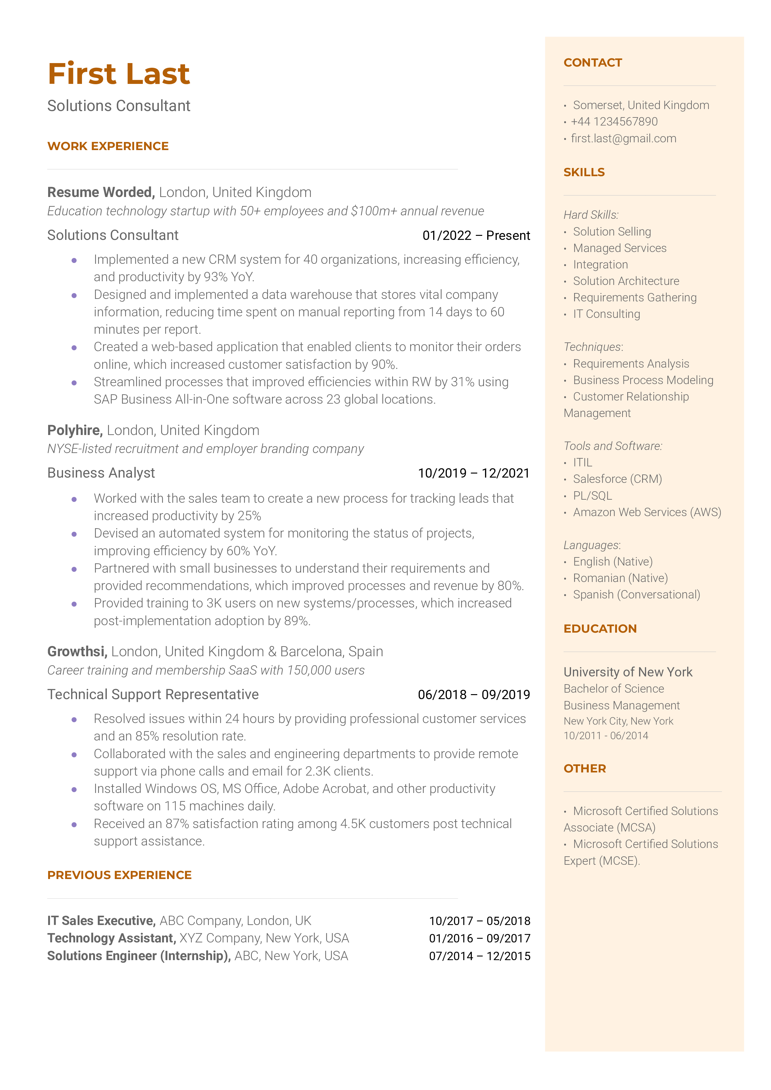 A solutions consultant resume example that uses metrics to quantify achievements. 