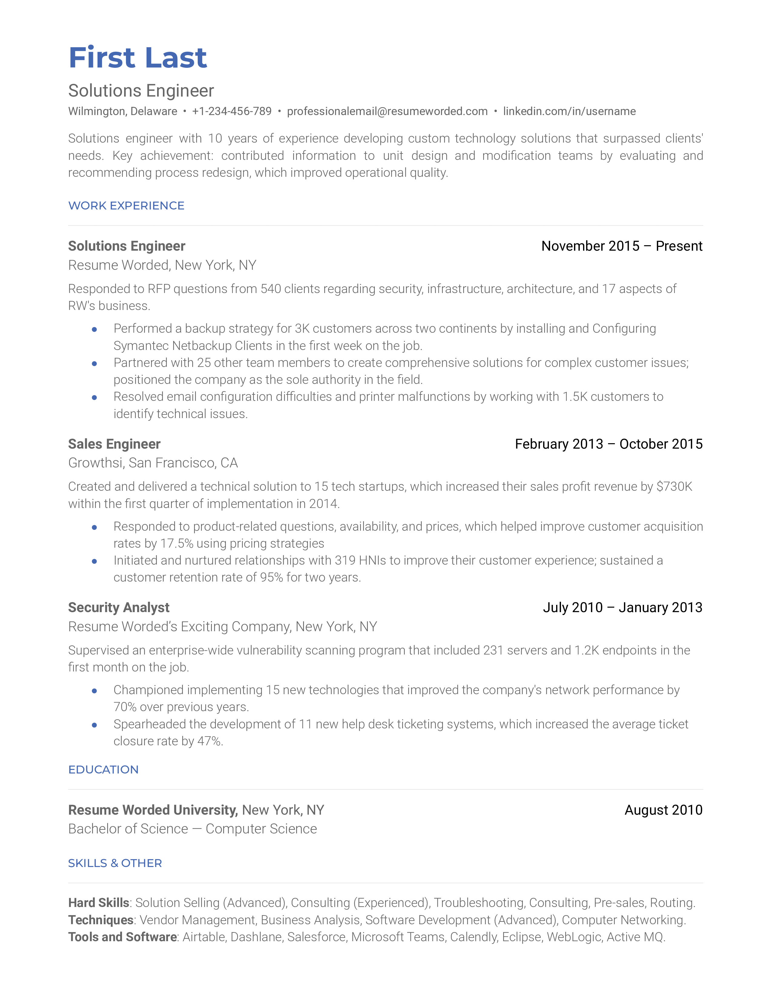 A solutions engineer resume template that uses strong action verbs