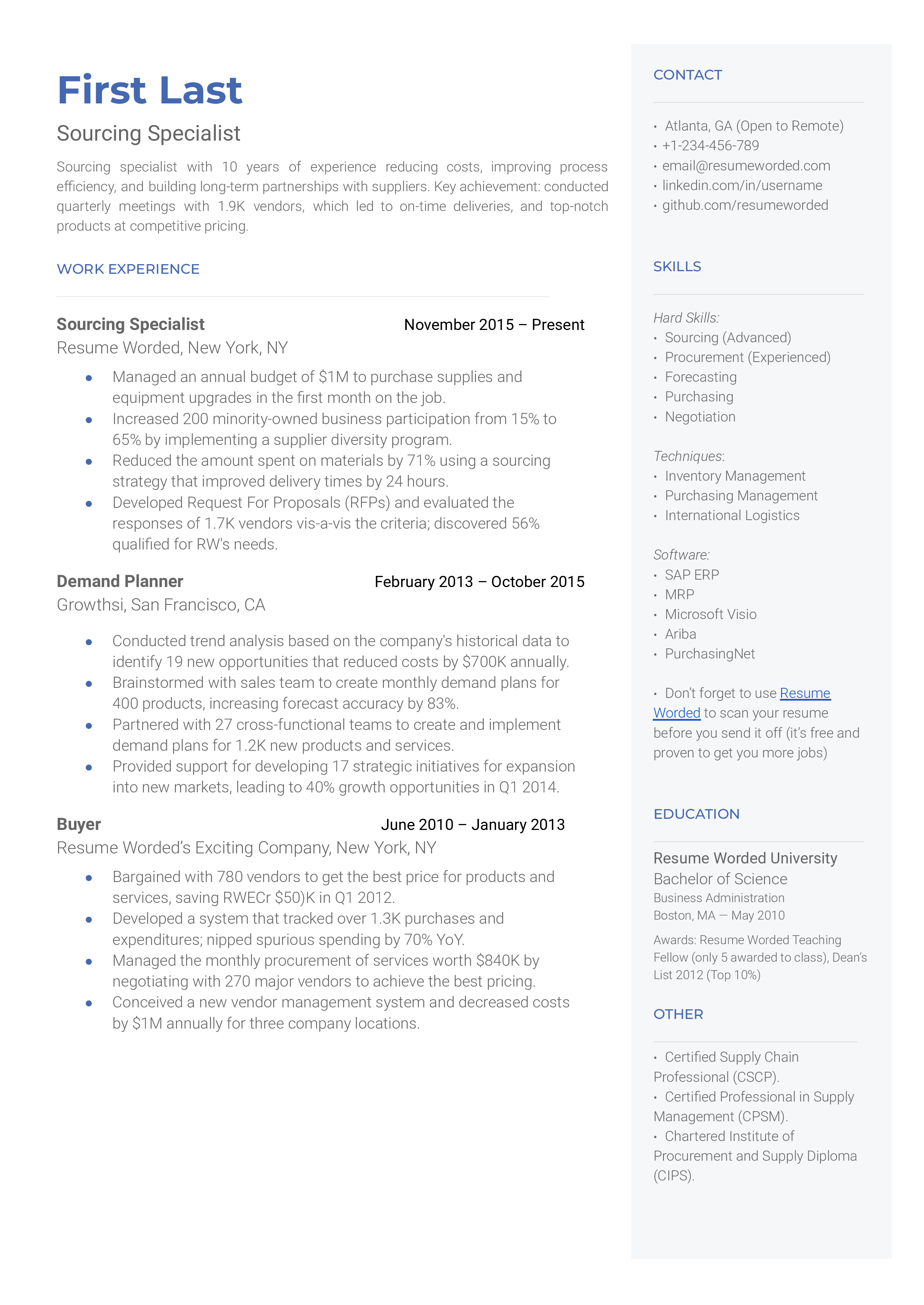 Sourcing Specialist Resume Sample