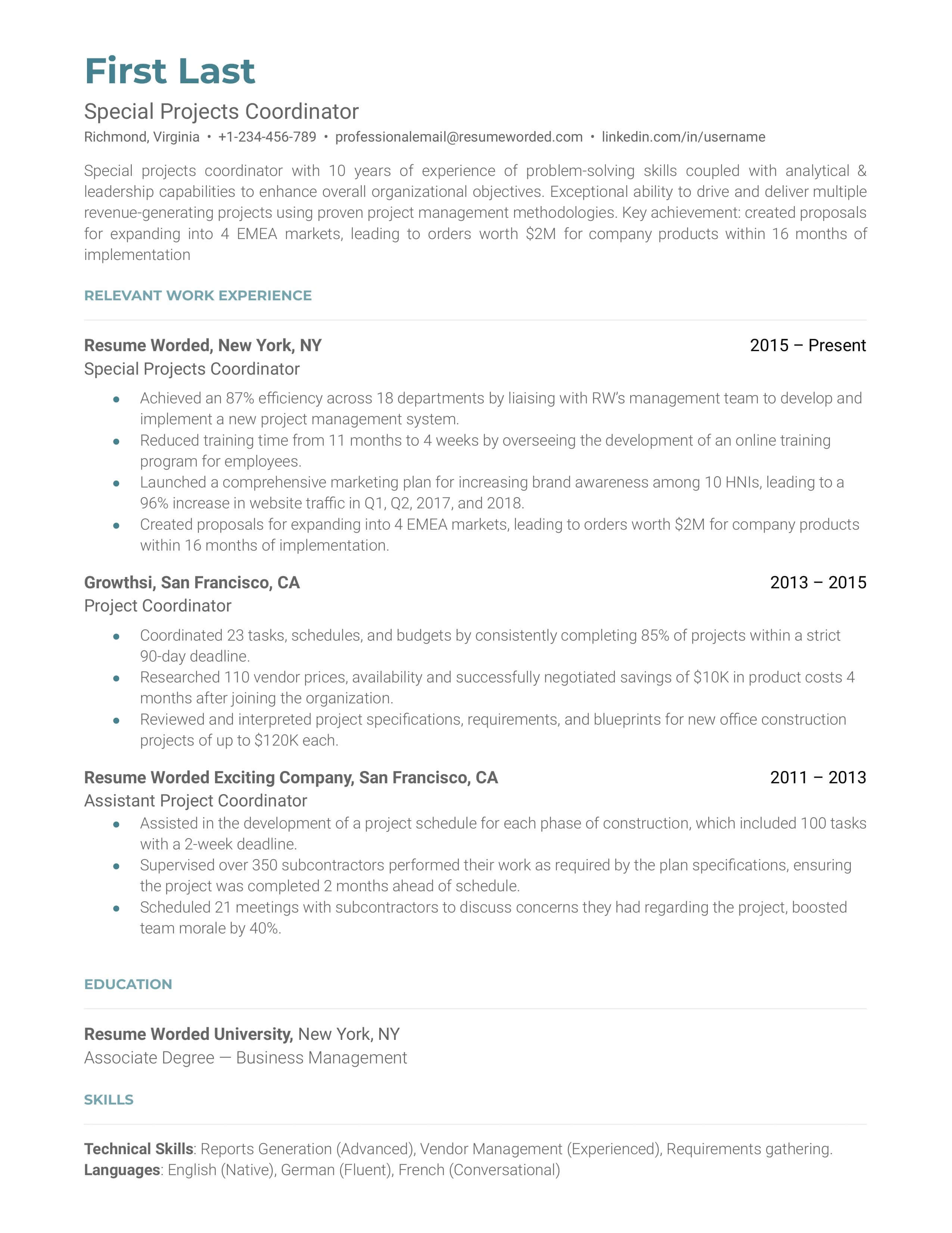 A special project coordinator resume template that highlights a profile description, contact information, and relevant work experience. 