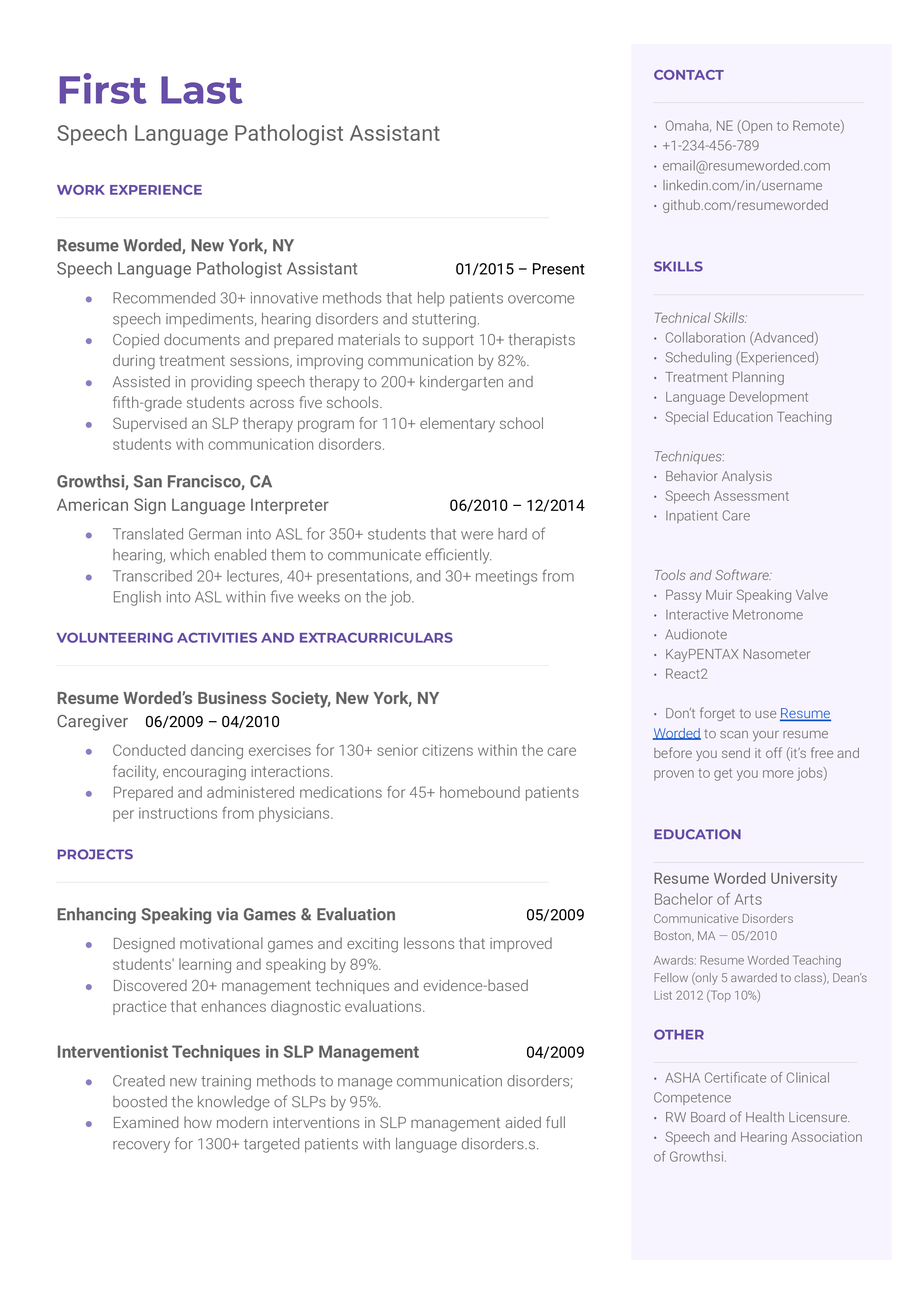 A speech-language pathologist assistant resume template including volunteering experience.