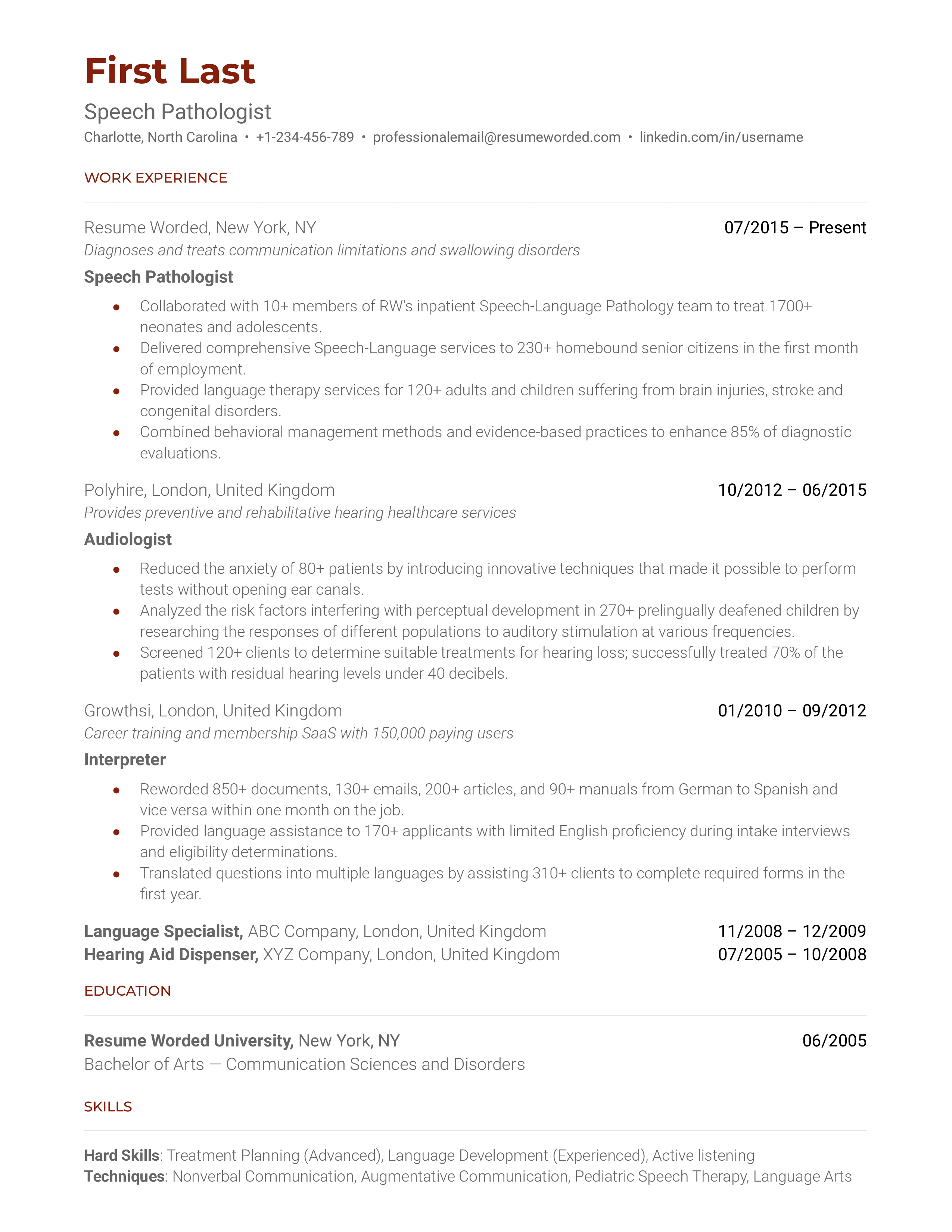 Speech Pathologist Resume Sample