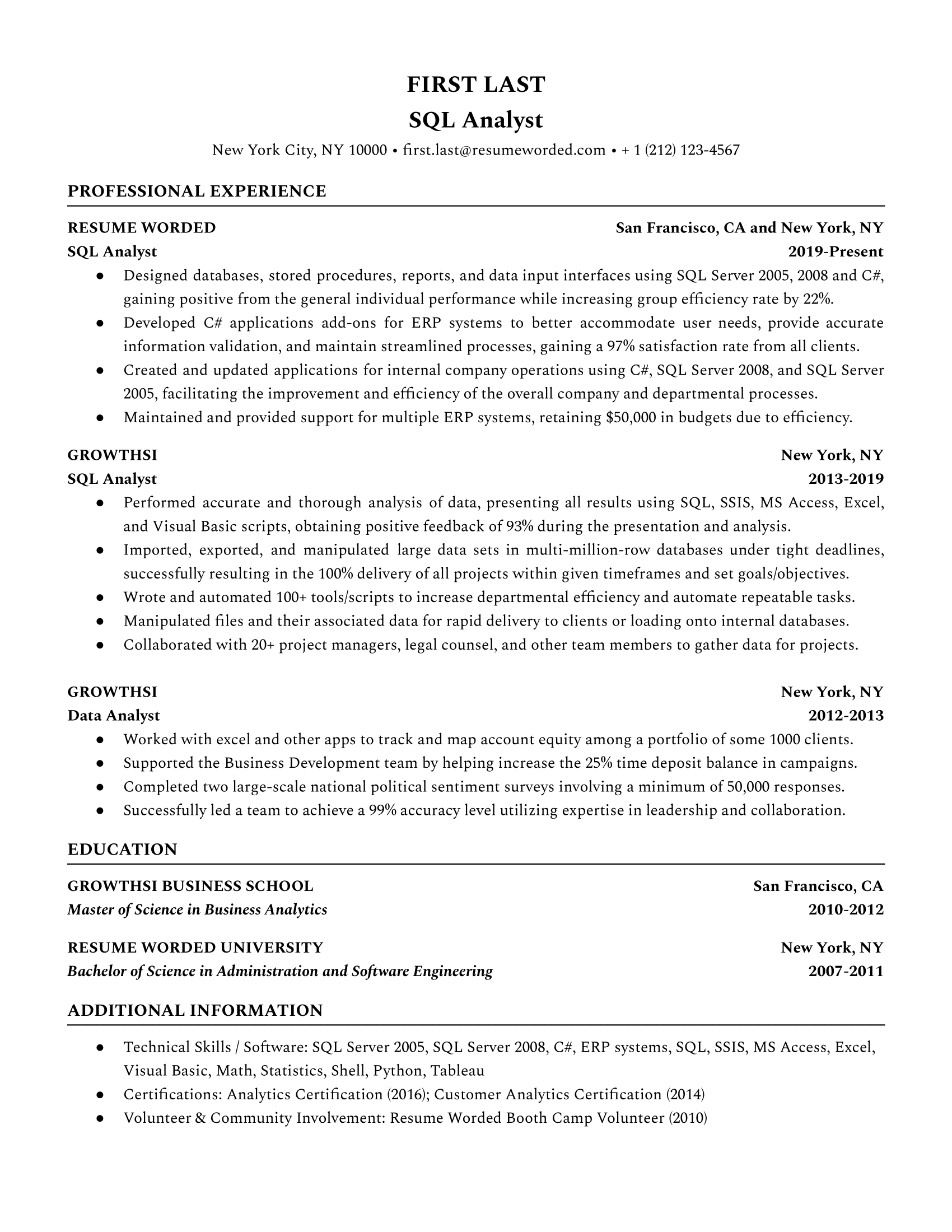 A CV screenshot for a SQL Analyst job application.