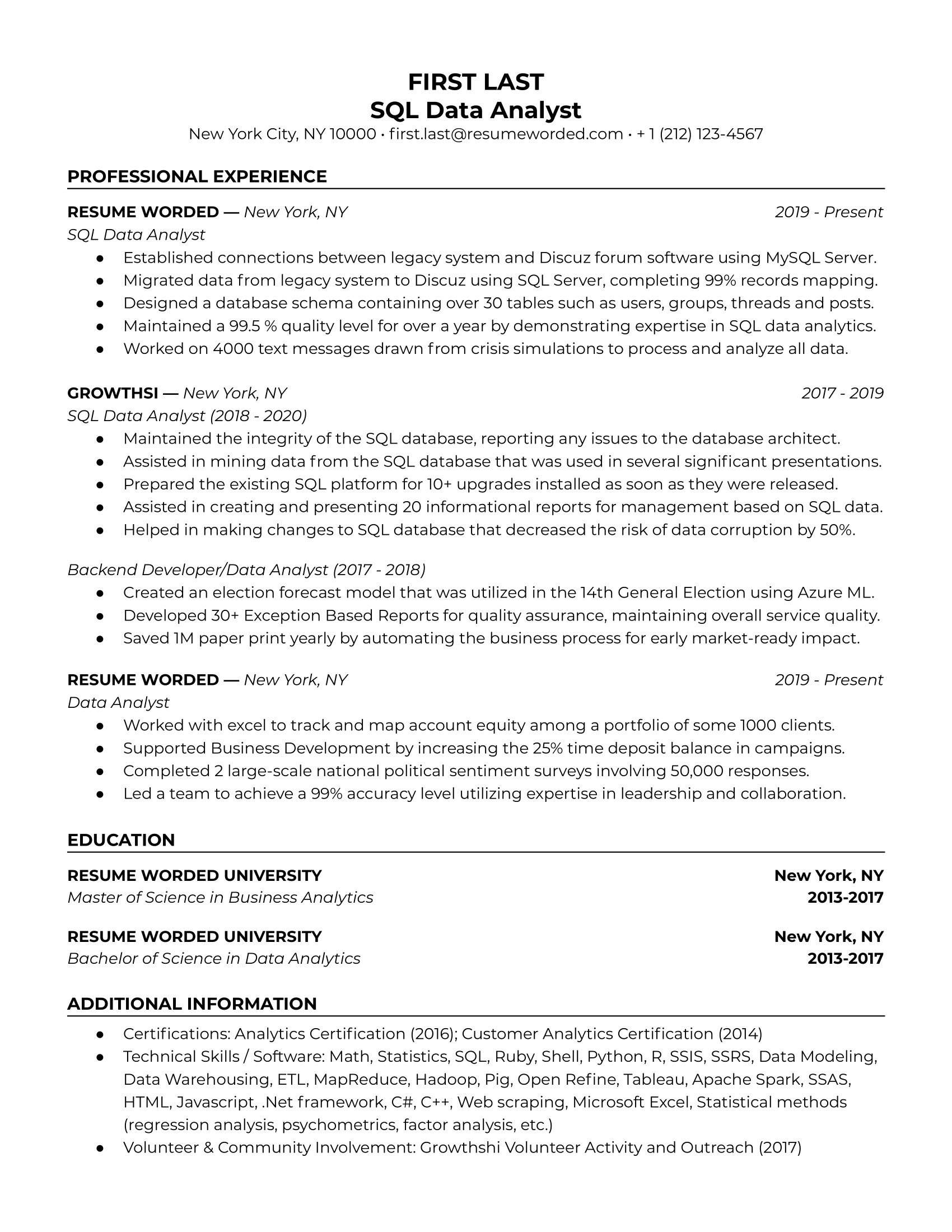 sample resume sql experience