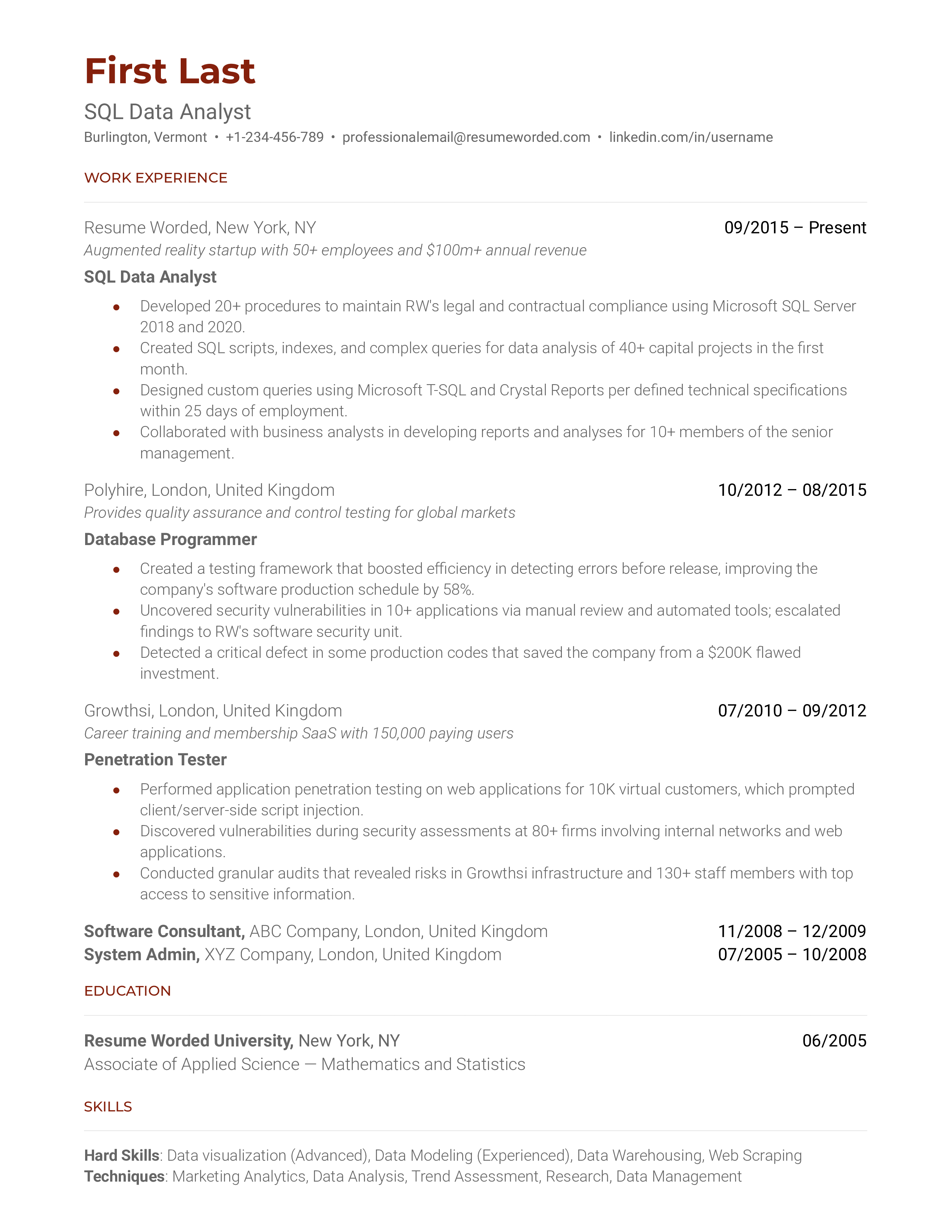 An organized, skills-focused SQL Data Analyst resume