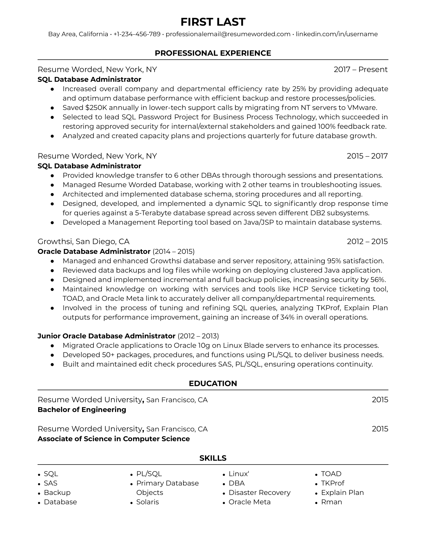 An SQL Database Administrator resume template that shows experience with database admin, SQL and database systems.