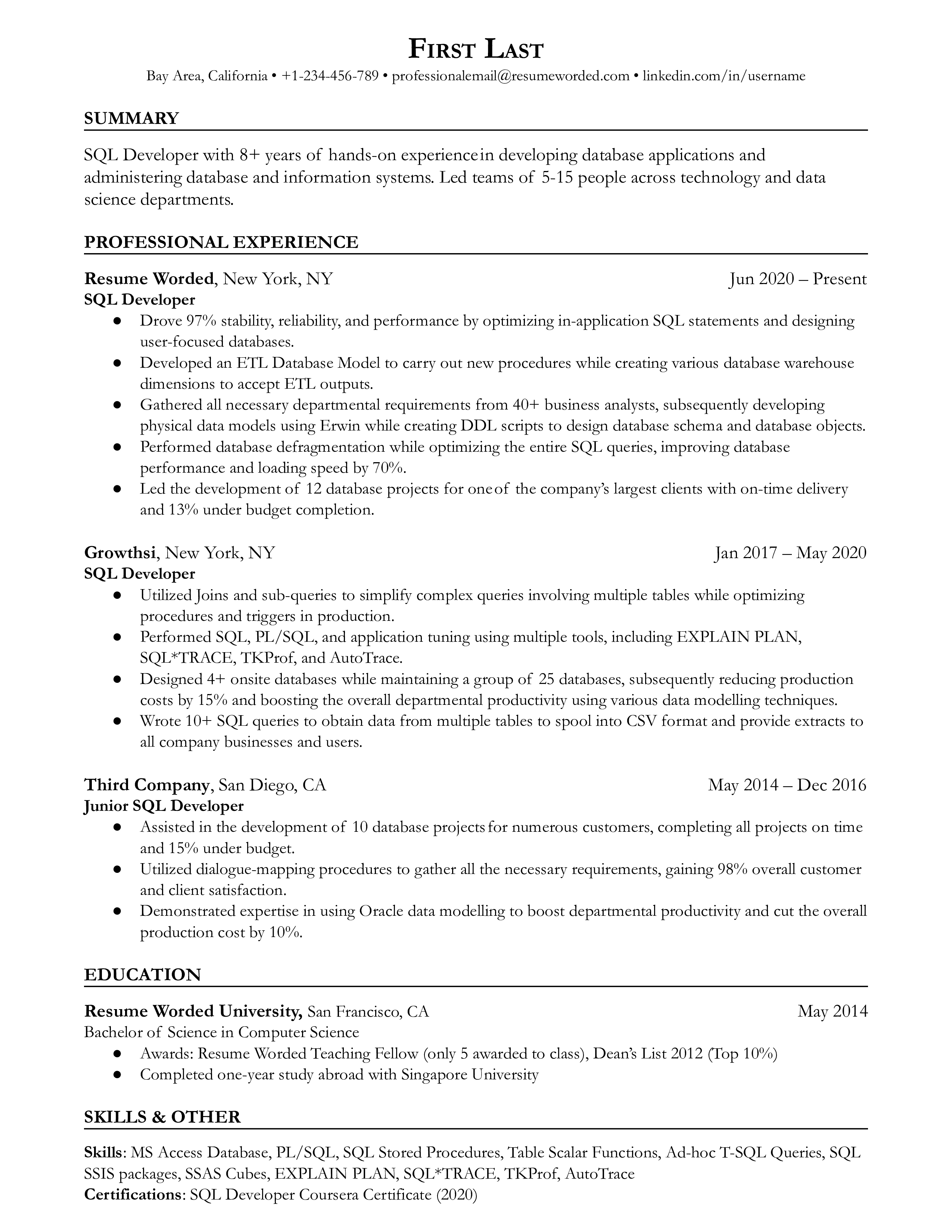 This SQL Developer resume template details extensive experience in improving database and information systems
