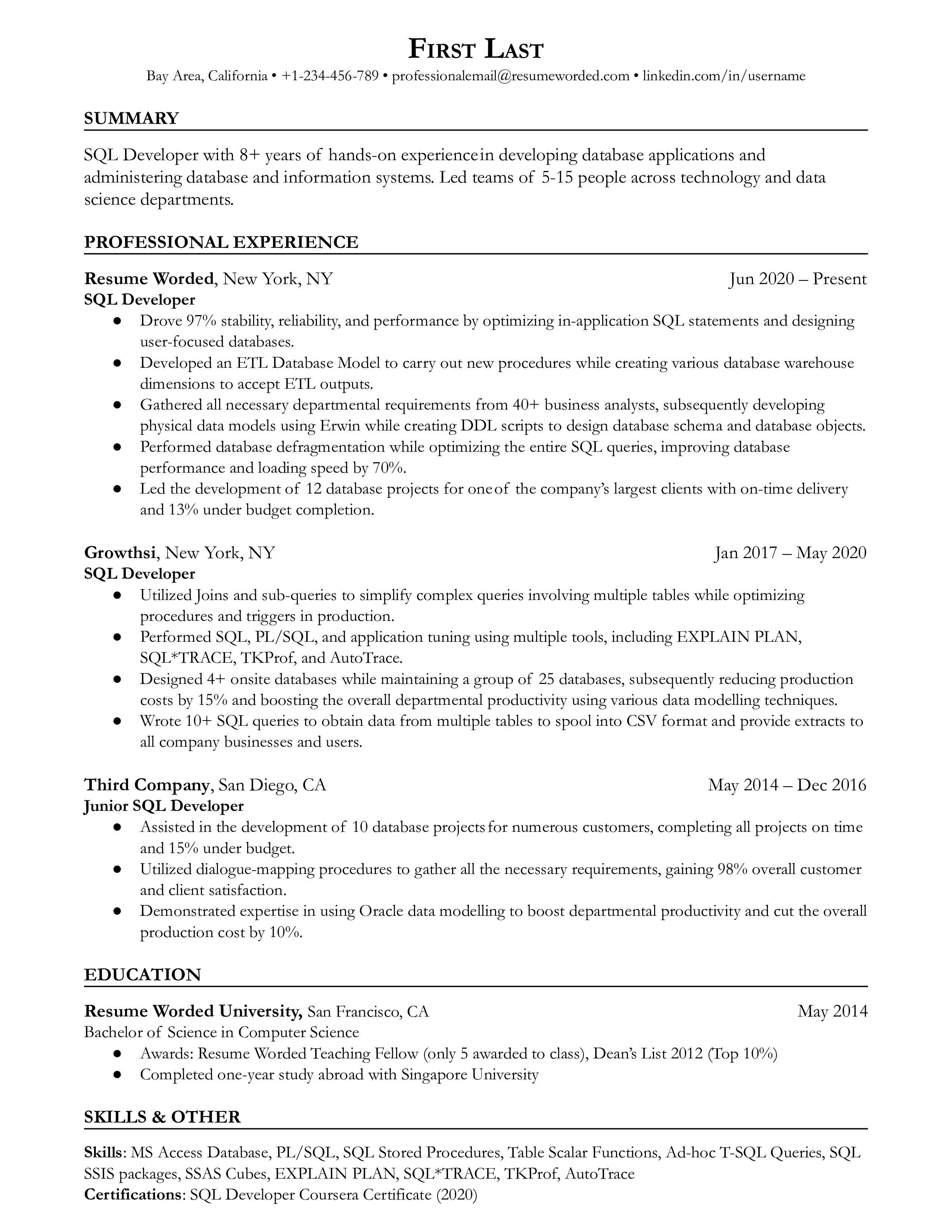 A CV screenshot highlighting problem-solving and proficiency in related programs for a SQL Developer role.