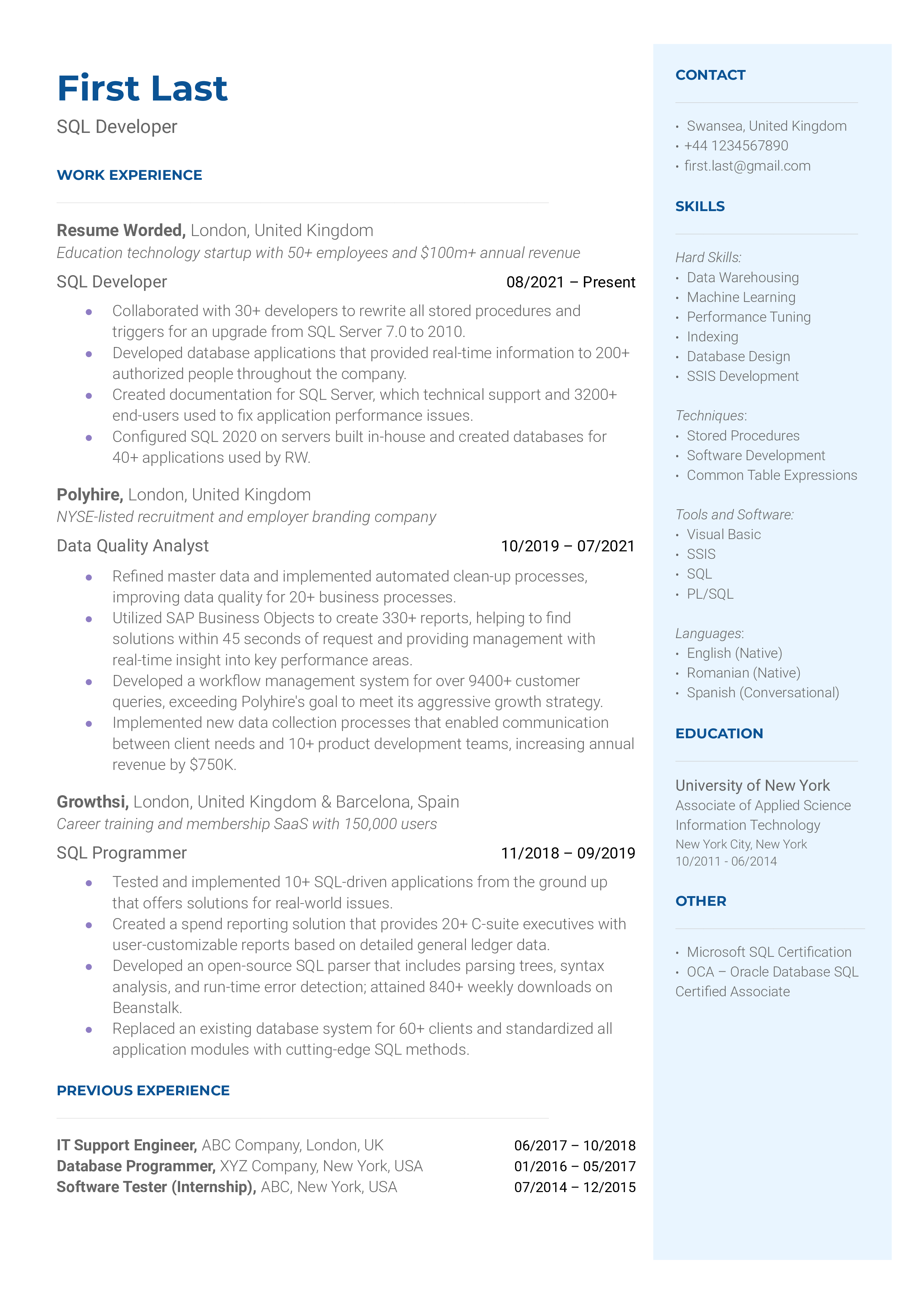 A resume for a SQL developer with a bachelor's degree in computer science and experience as a junior SQL developer.
