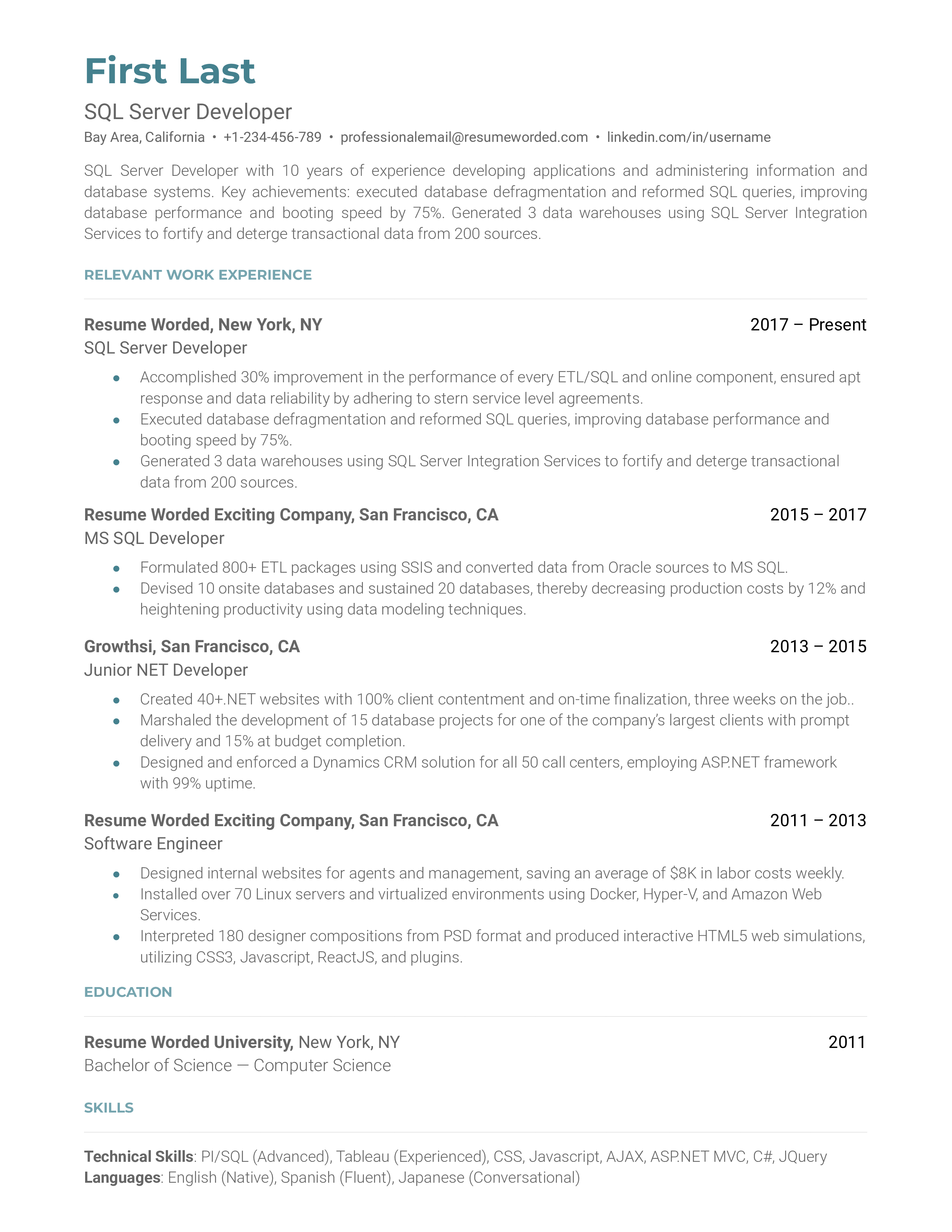 A SQL server developer resume with a degree in computer science and previous experience in software engineering and NET development. 