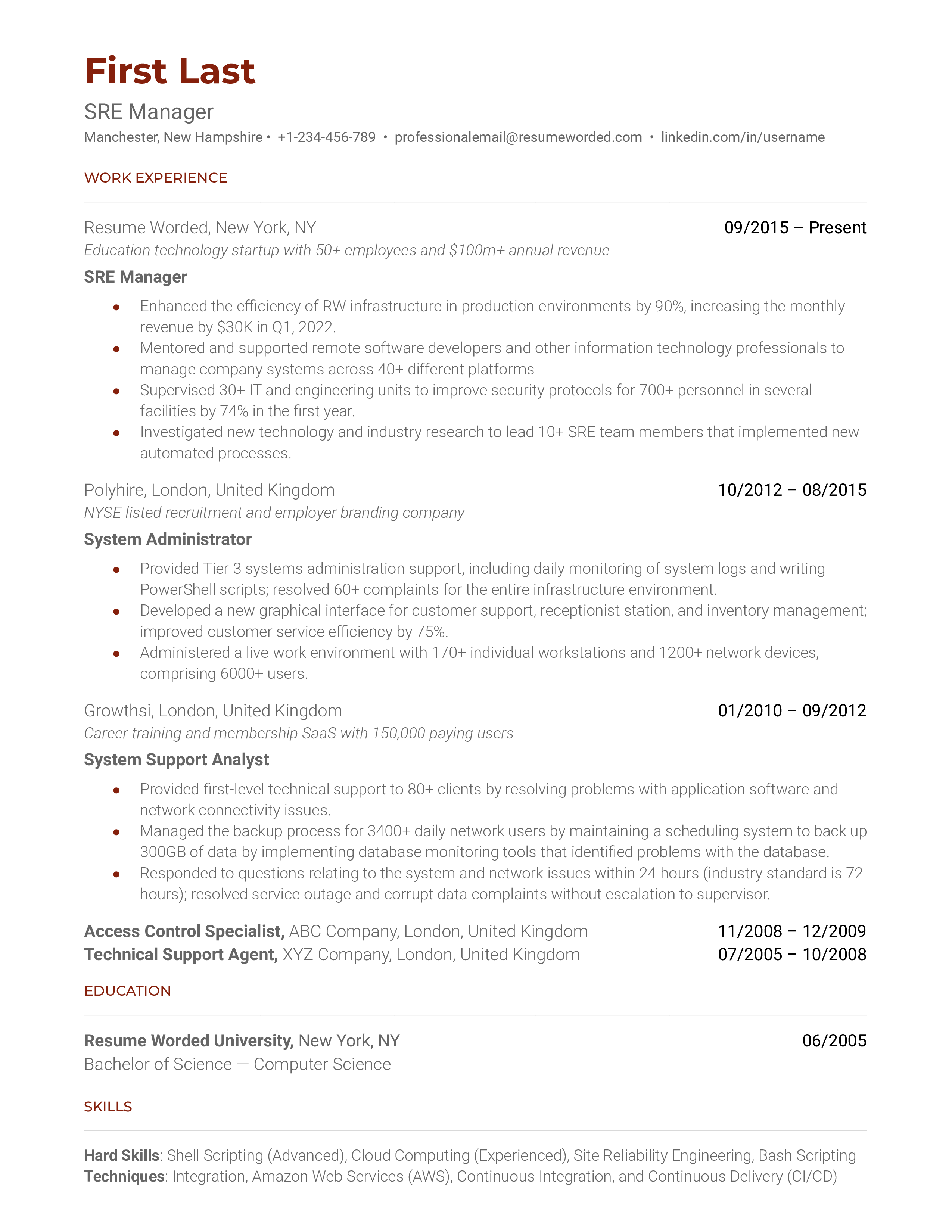 A SRE manager resume template focused on relevant industry experience.