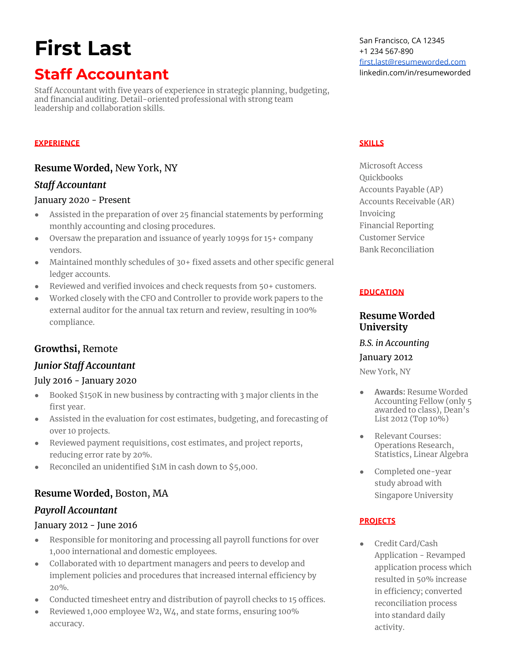A well-structured Staff Accountant CV showcasing software proficiency and experience in financial reporting and audits.