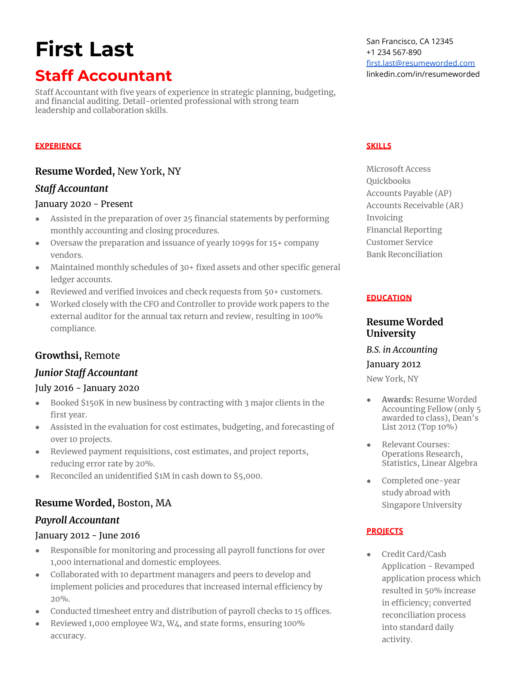 Staff Accountant Resume Sample