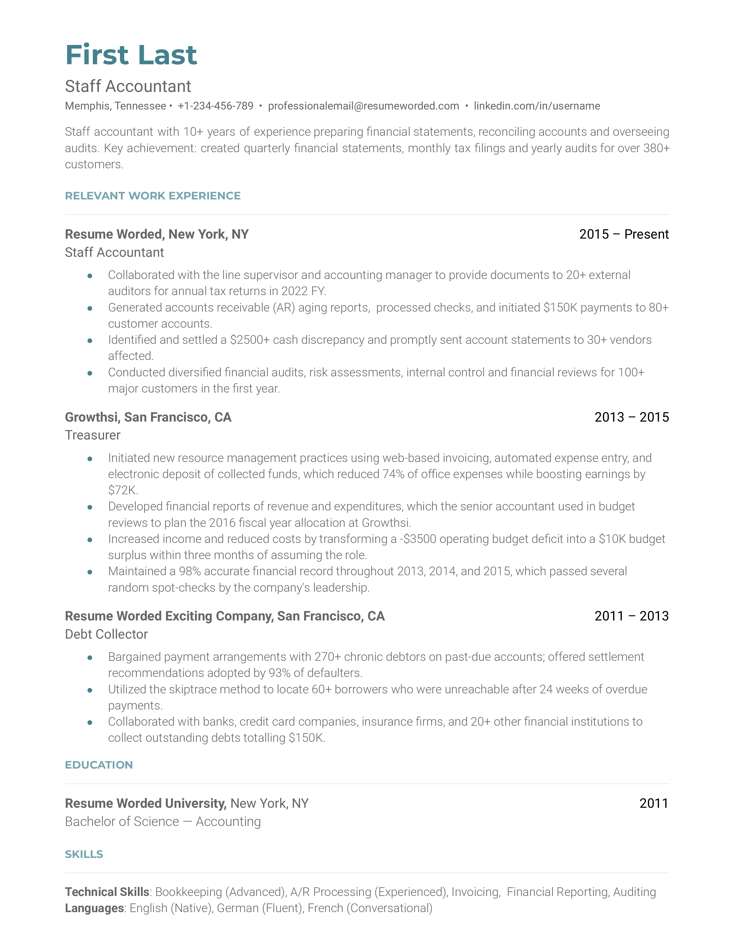 A staff accountant resume template showcasing academic value.